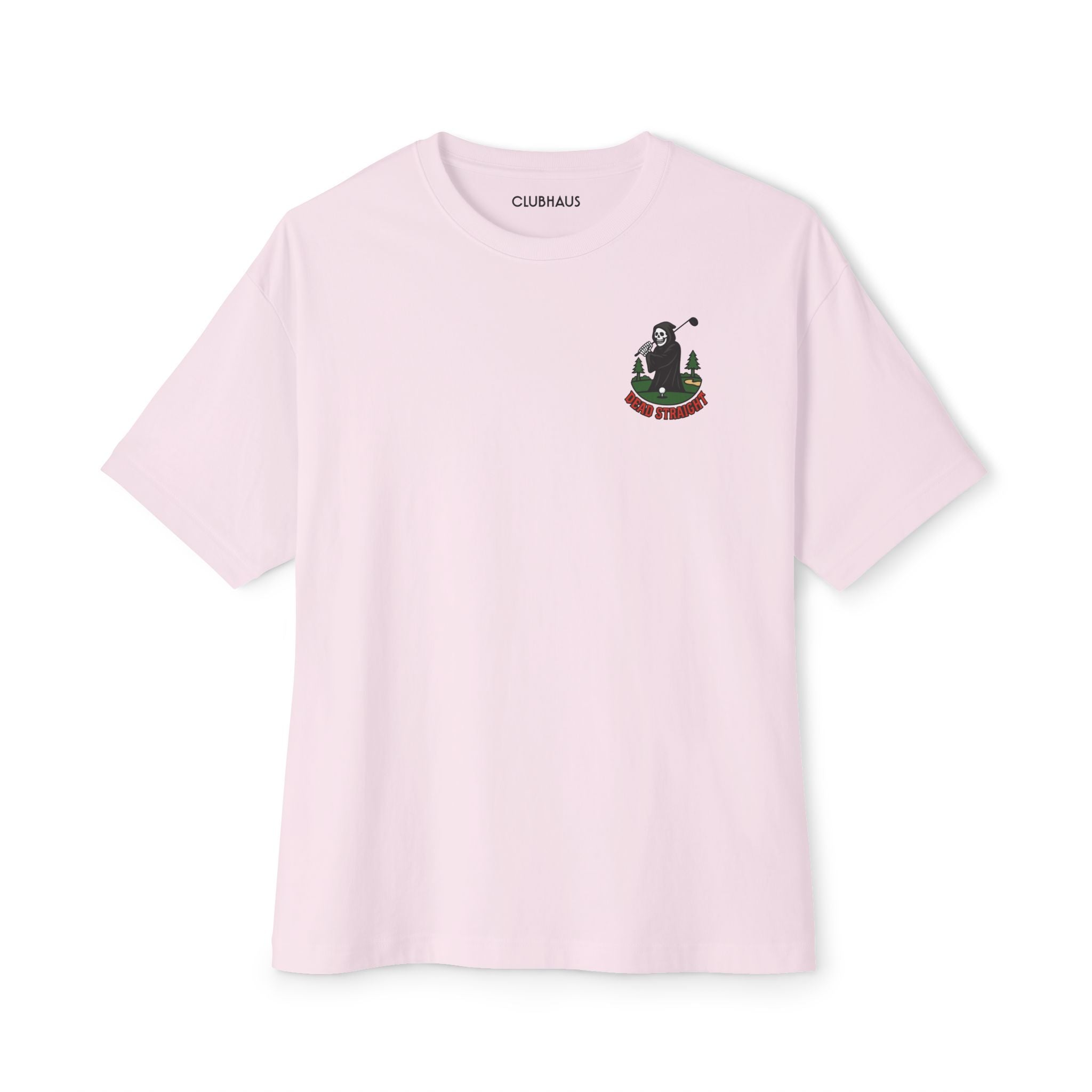 Pink t-shirt with a logo on a white background