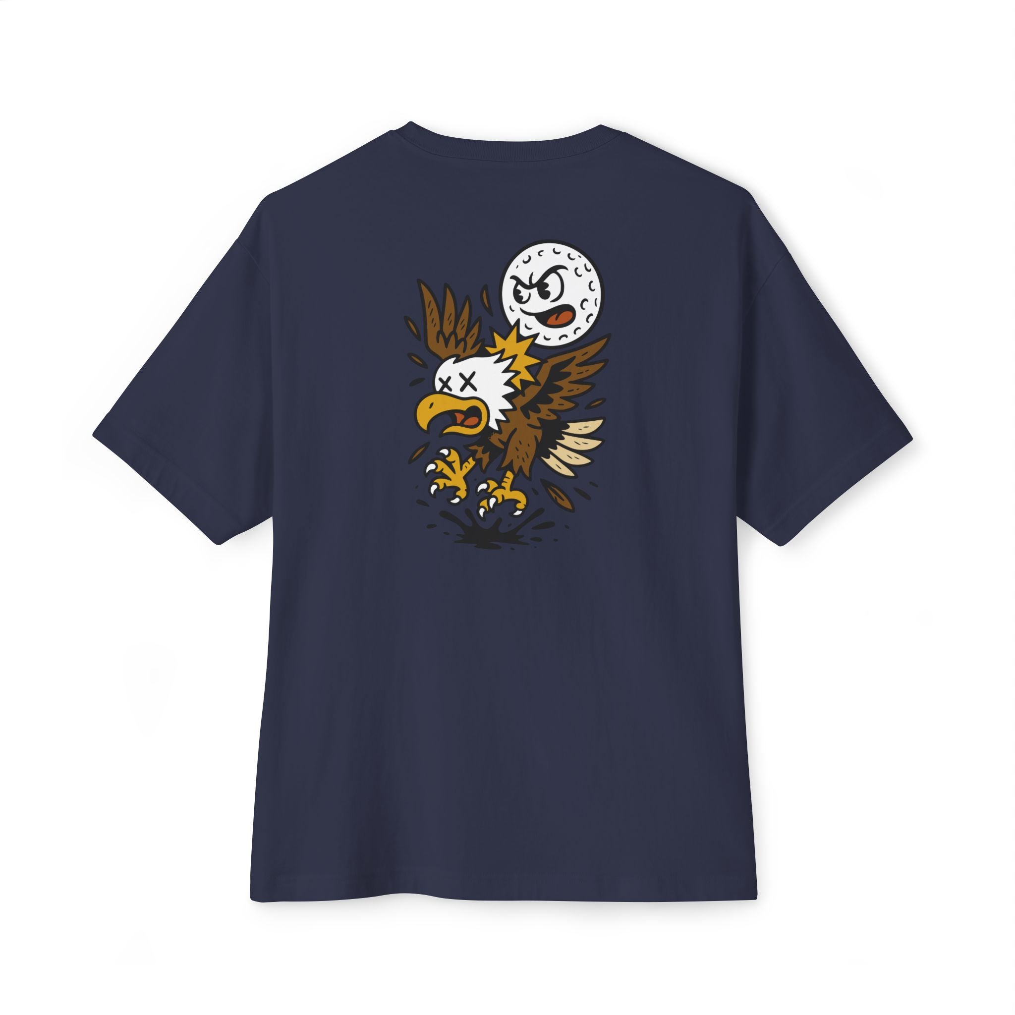 Navy blue t-shirt with a graphic design on the back against a white background