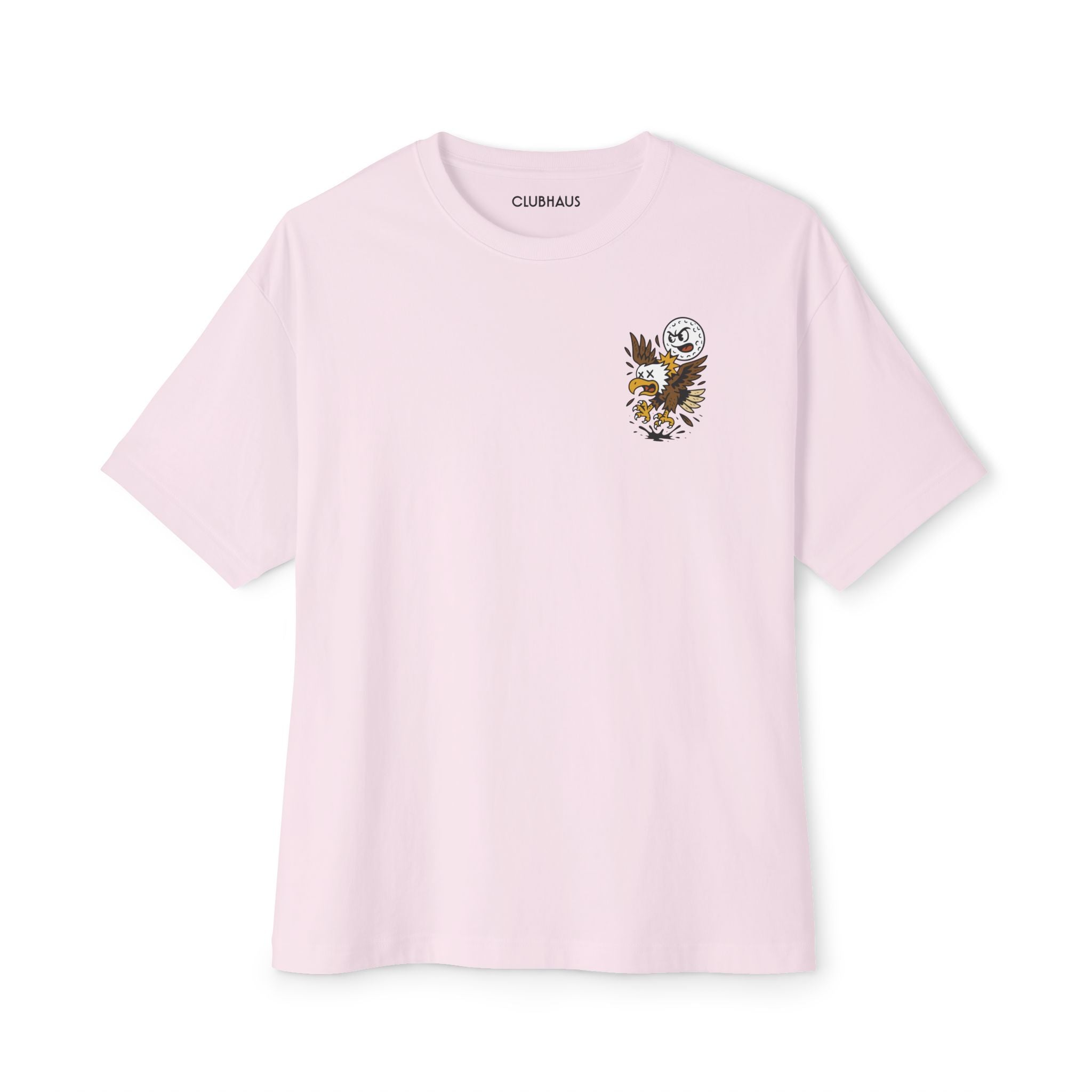 Pink t-shirt with a logo on a white background