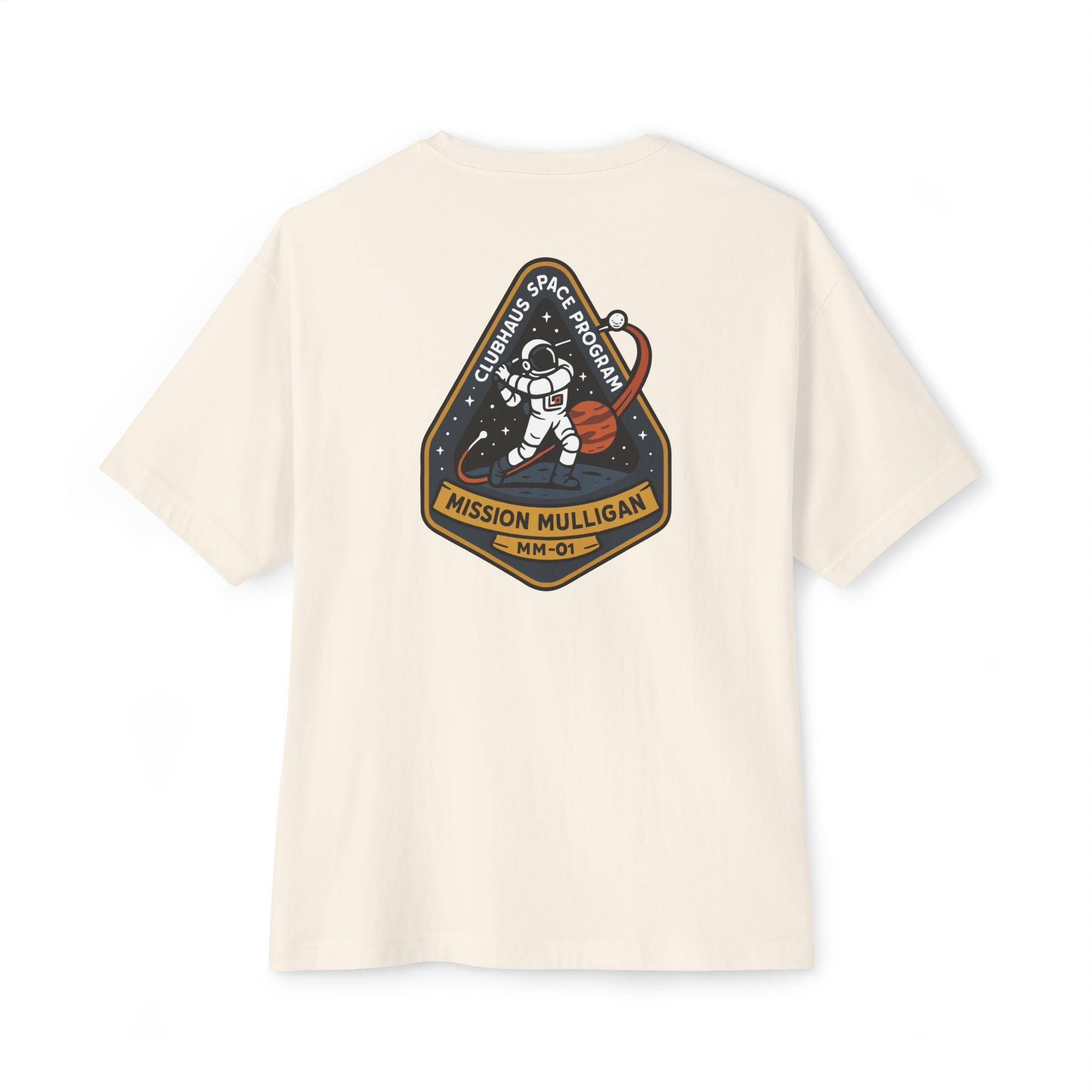 Beige t-shirt with a space-themed patch on a white background