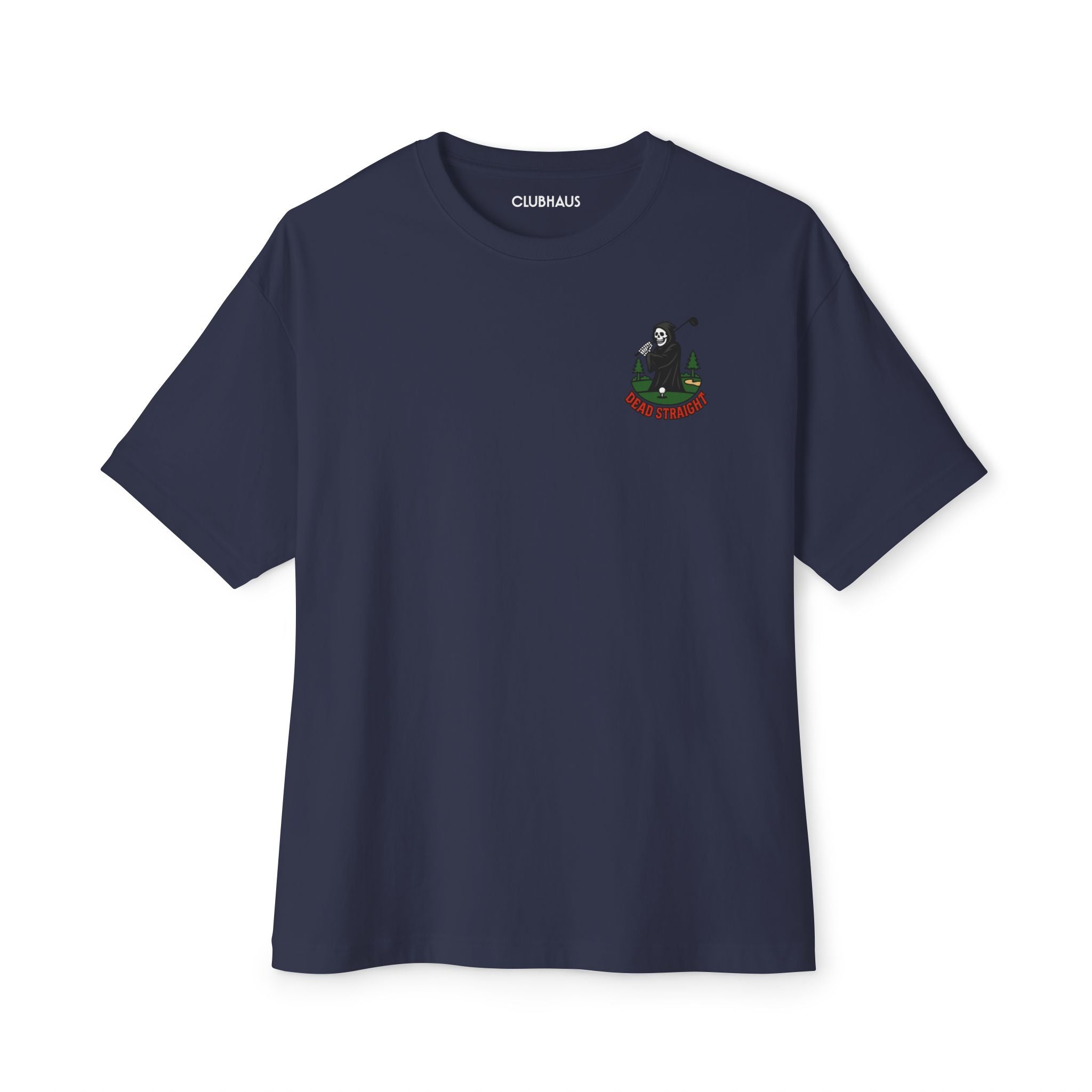 Navy blue t-shirt with a small logo on the chest against a white background