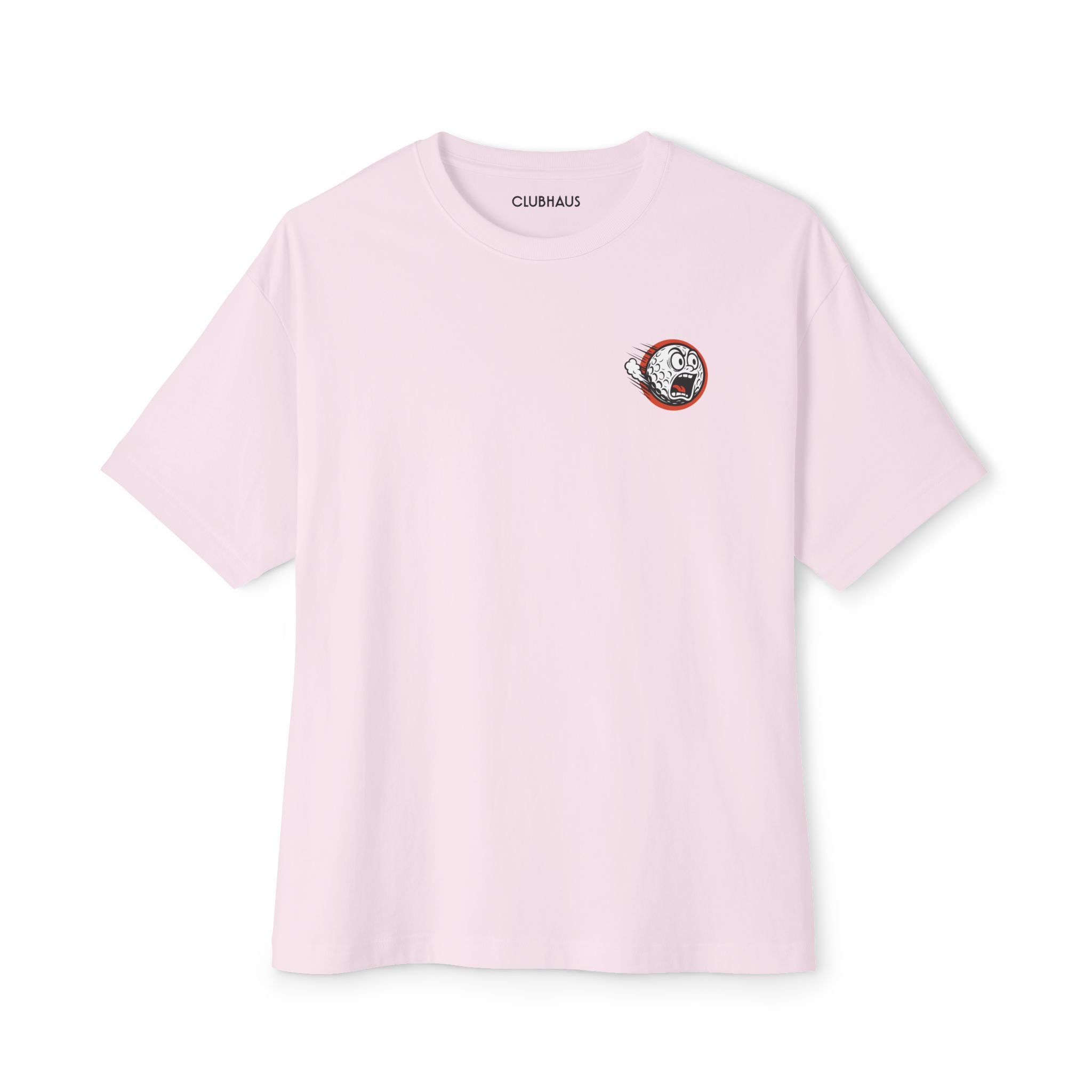 Pink t-shirt with a small logo on a white background