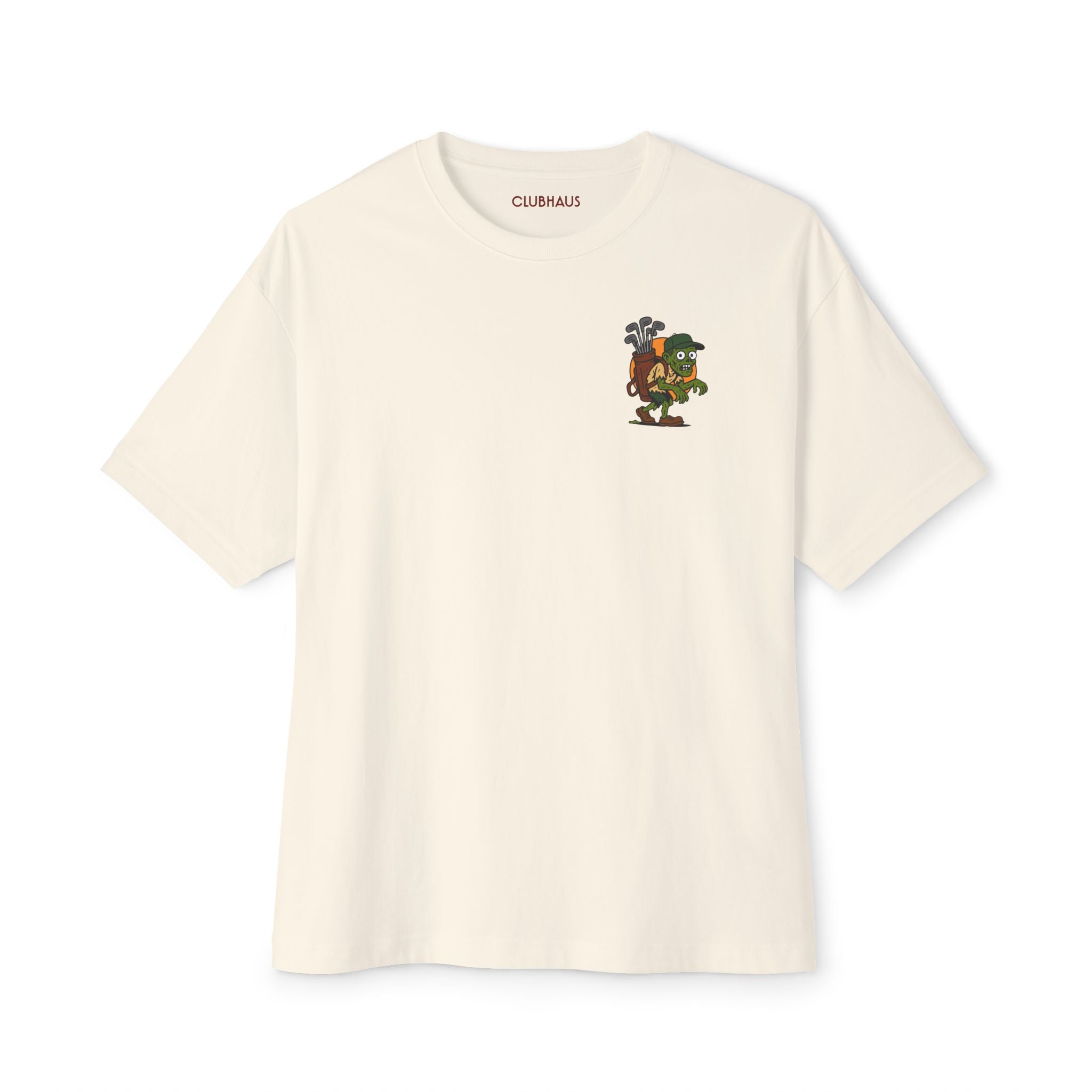 Beige t-shirt with a small graphic and brand name on a white background