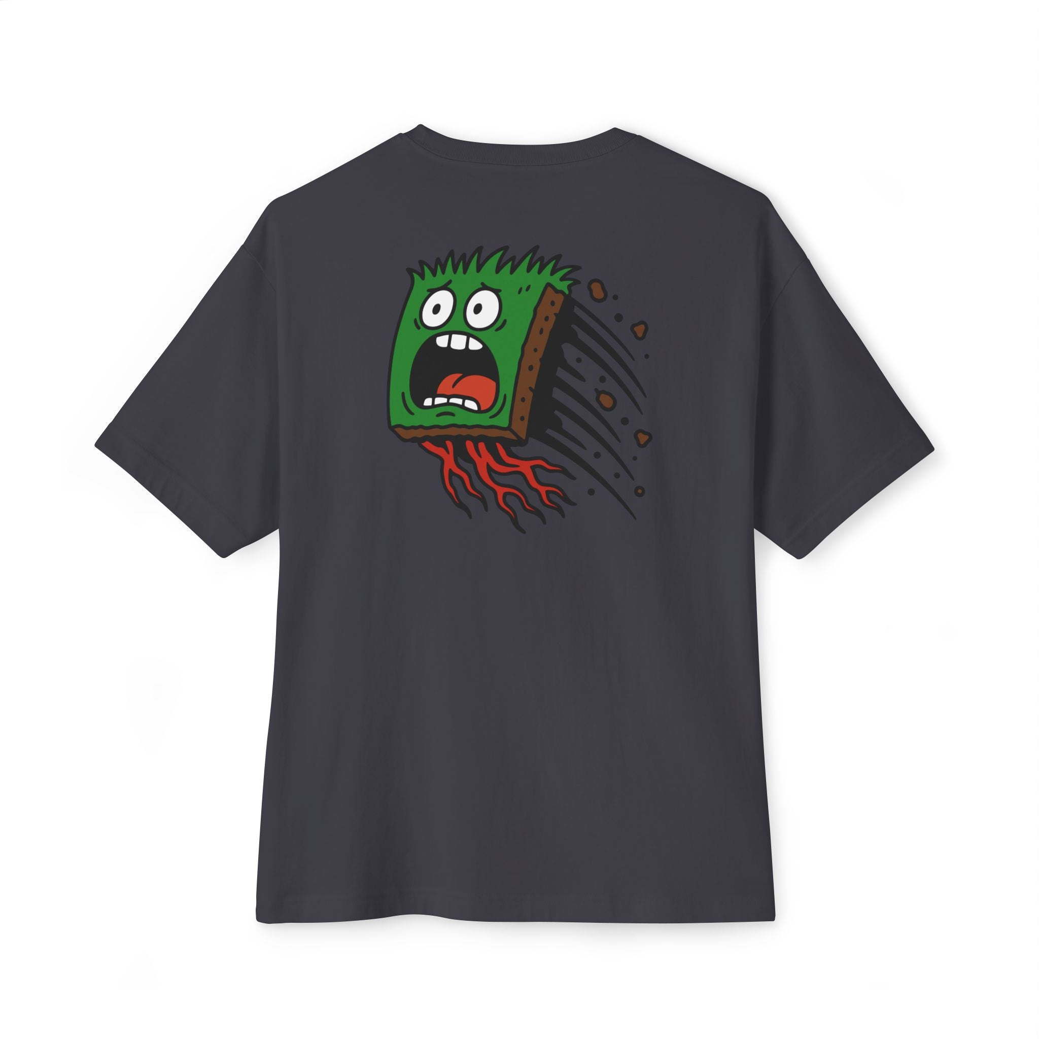 Black t-shirt with a colorful graphic on the back against a white background