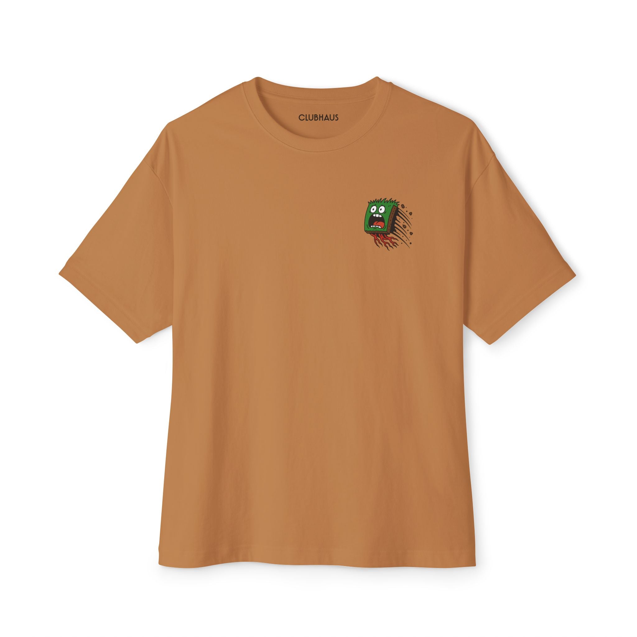 Brown t-shirt with a small graphic on the chest against a white background