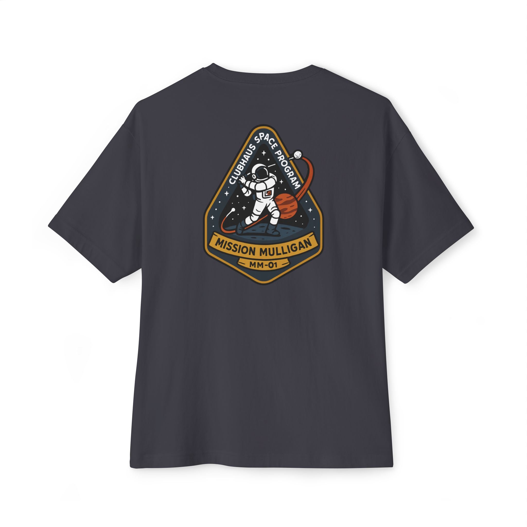 Black t-shirt with space-themed graphic on the back against a white background