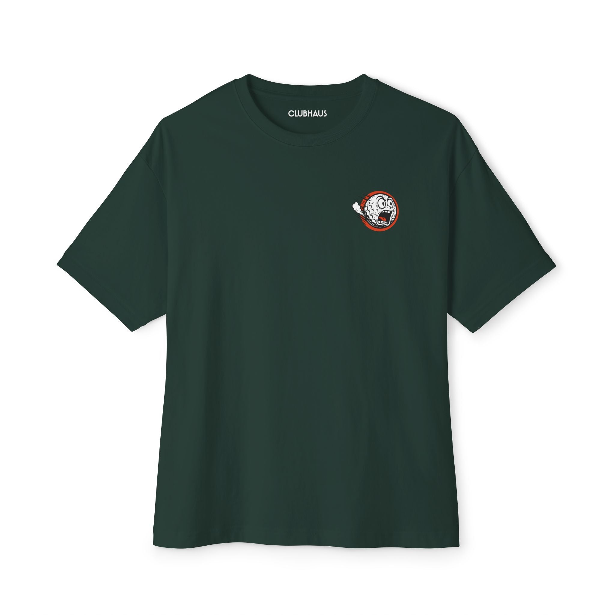Dark green t-shirt with a small logo on the chest against a white background