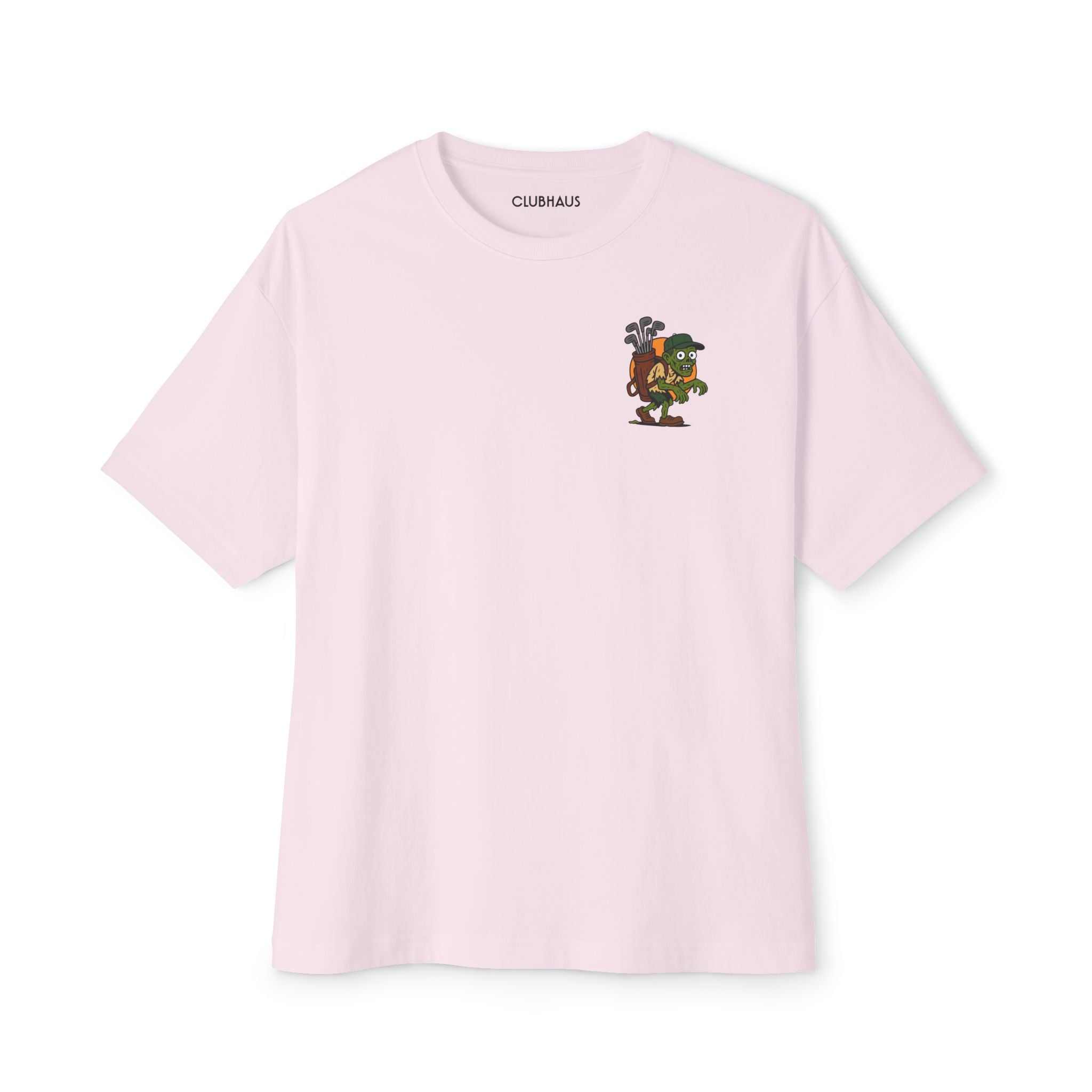 Pink t-shirt with a small graphic and brand name on a white background