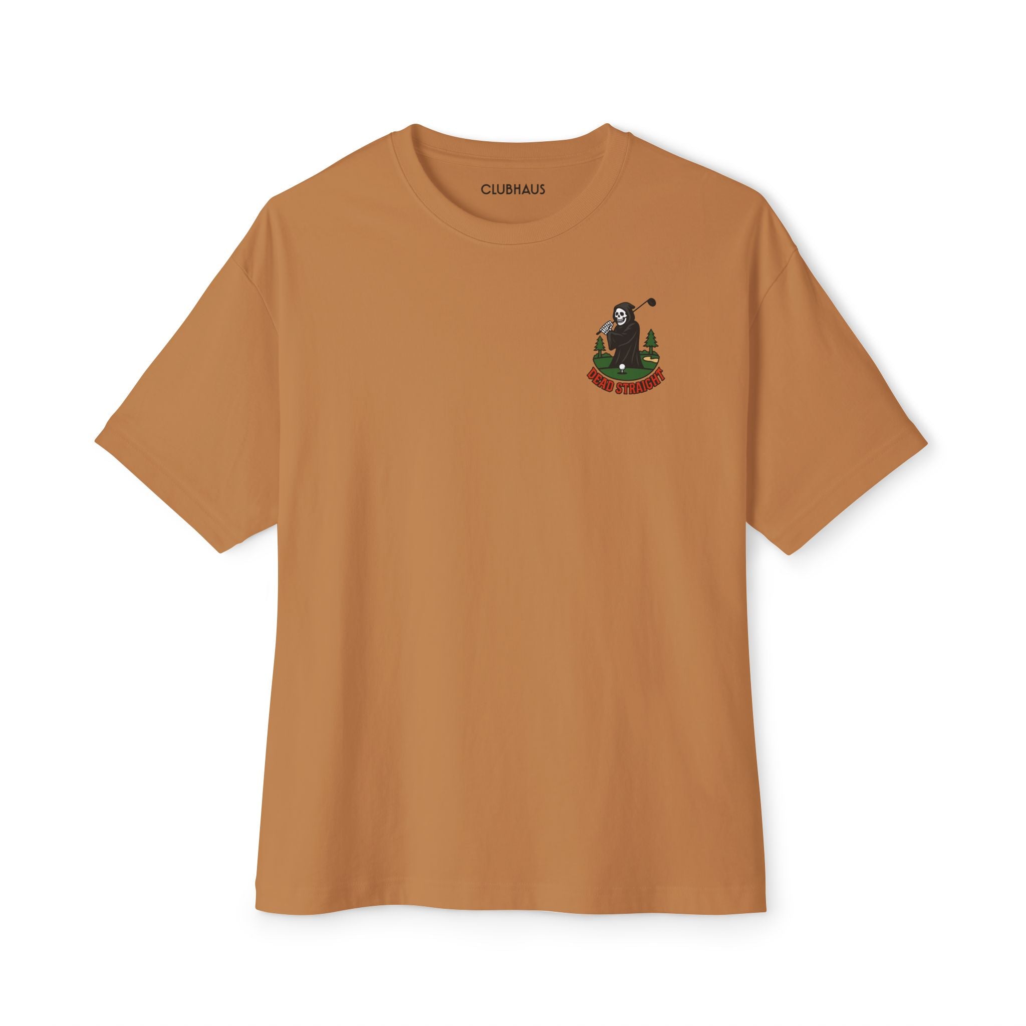 Brown t-shirt with a graphic design on a white background