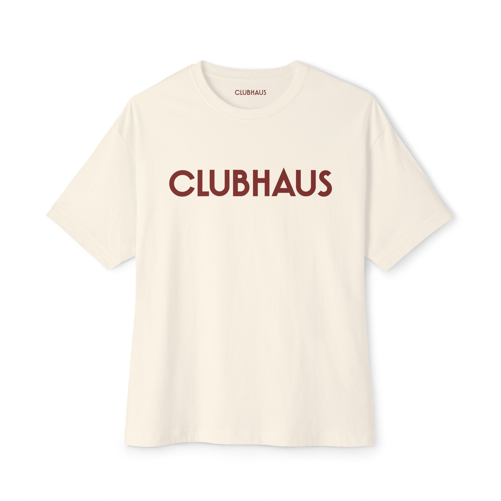 Beige t-shirt with 'CLUBHAUS' logo on a white background