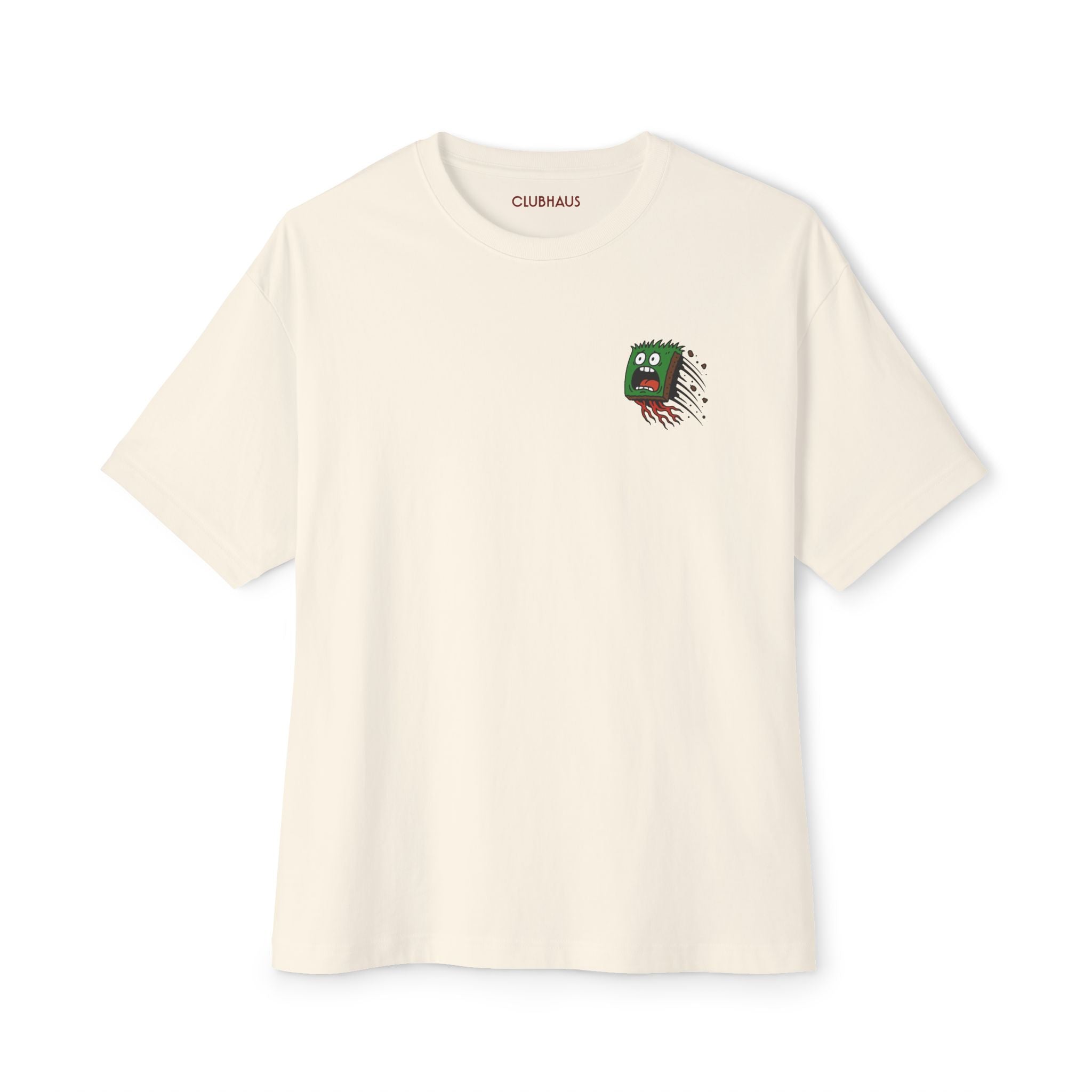 Beige t-shirt with a graphic design on a white background