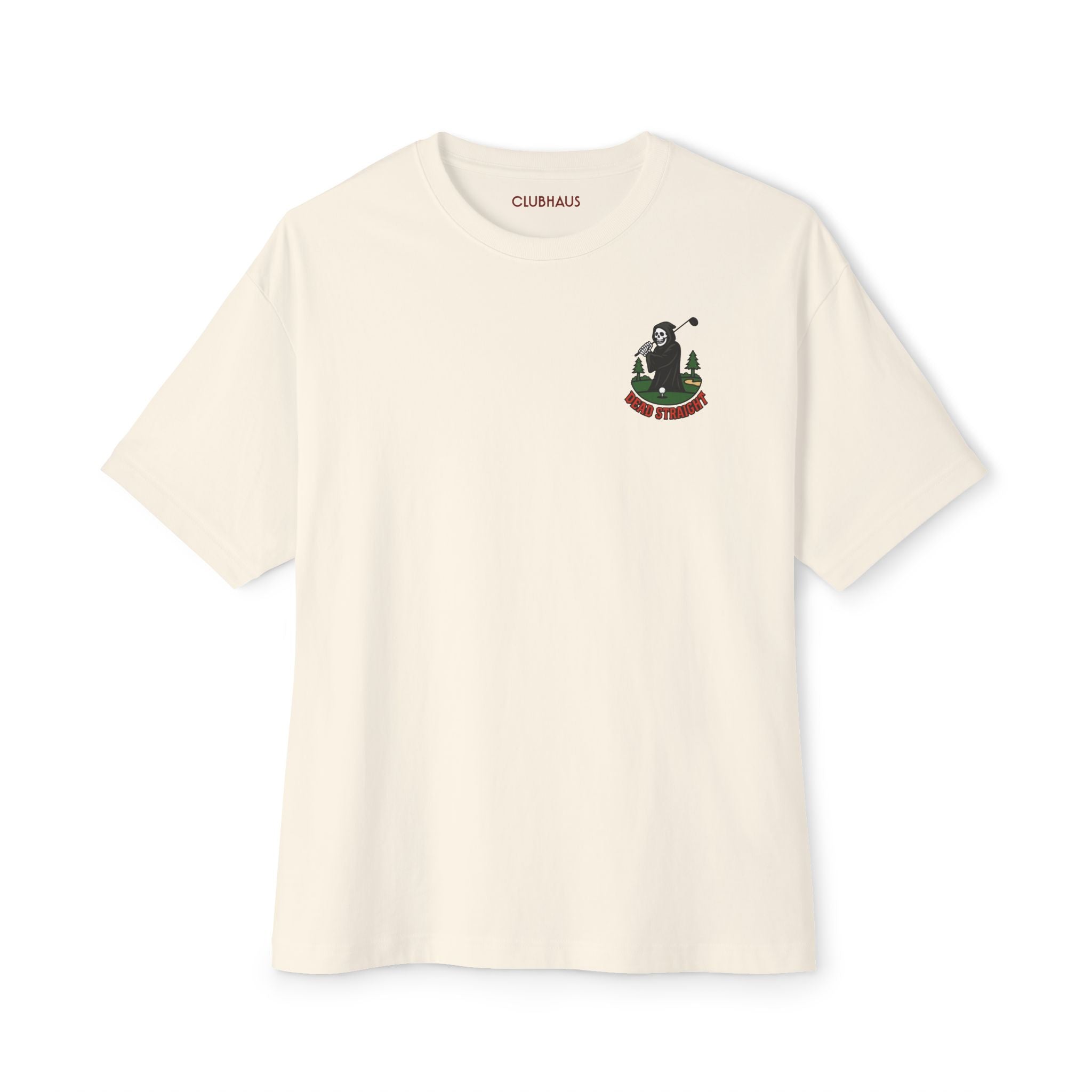 White t-shirt with a logo on a white background