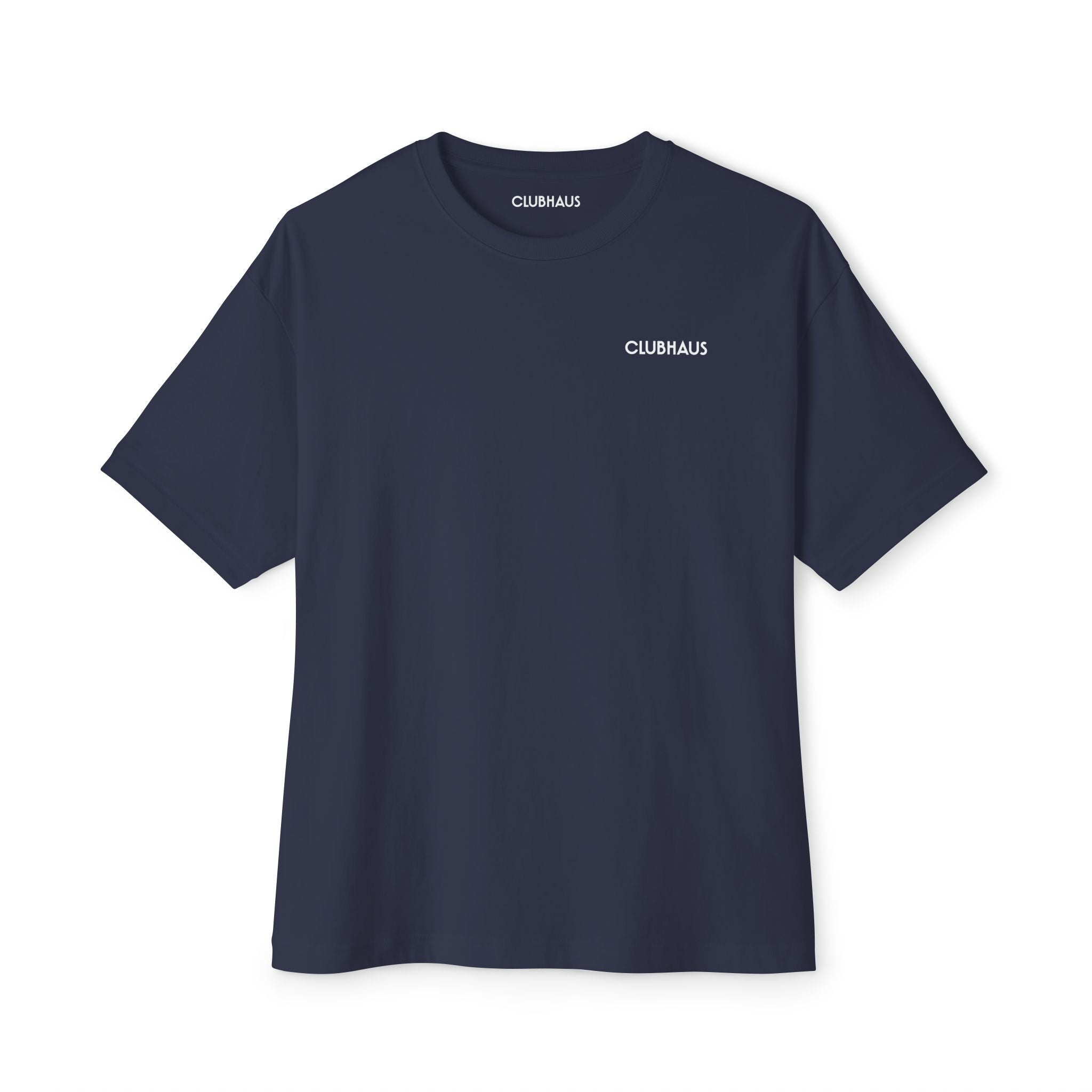 Navy blue t-shirt with 'CLUBHAUS' branding on a white background