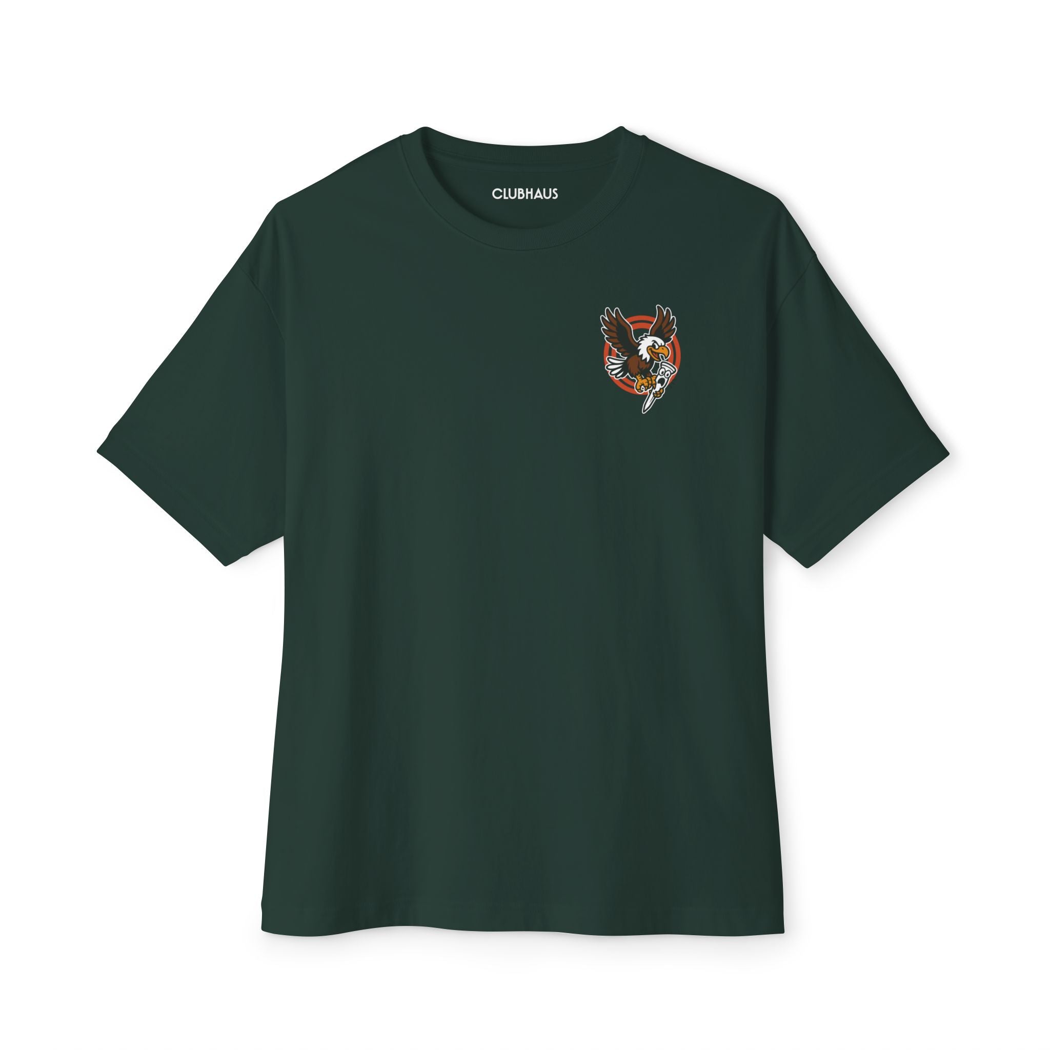 Dark green t-shirt with a small logo on the chest against a white background