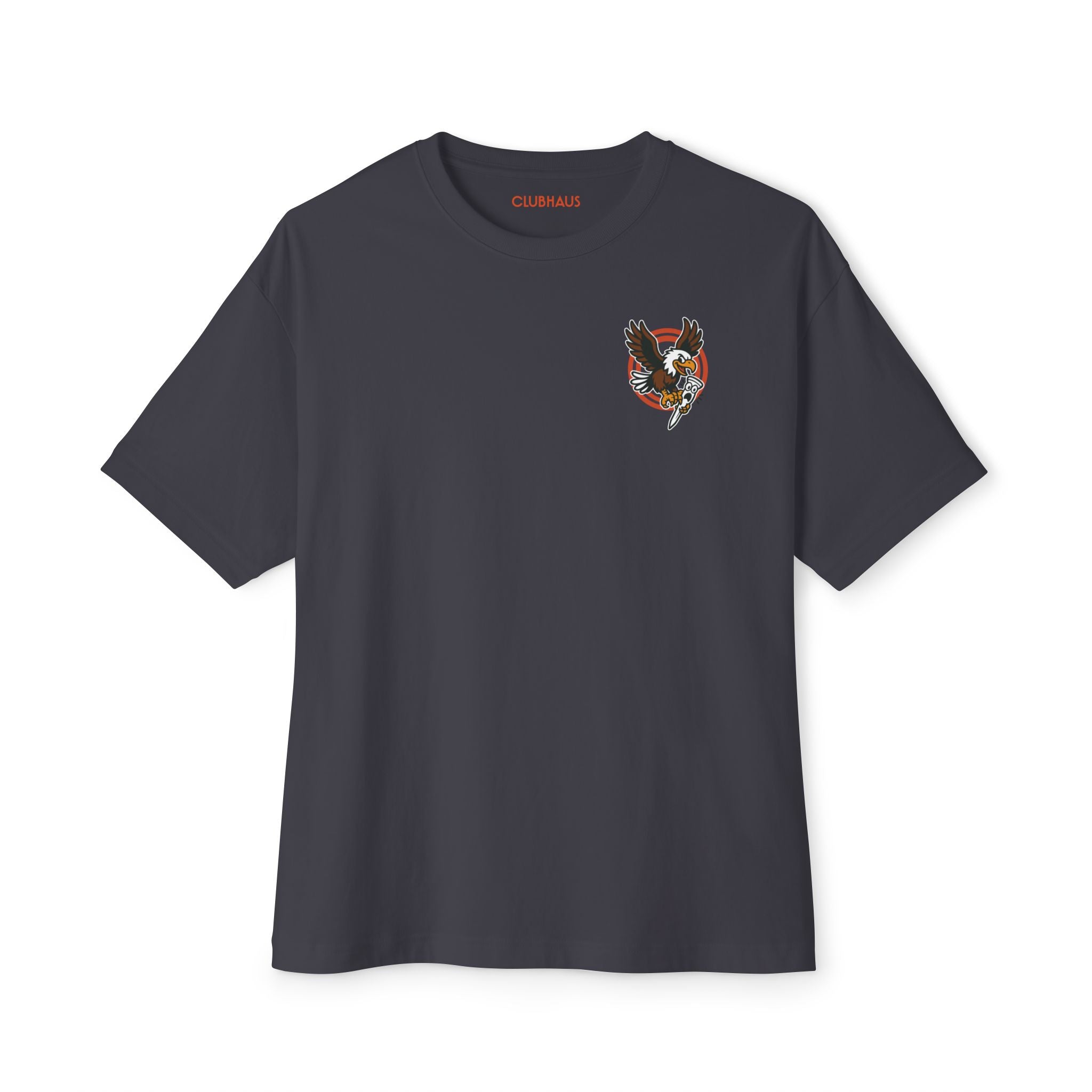 Dark gray t-shirt with a small graphic on the chest against a white background
