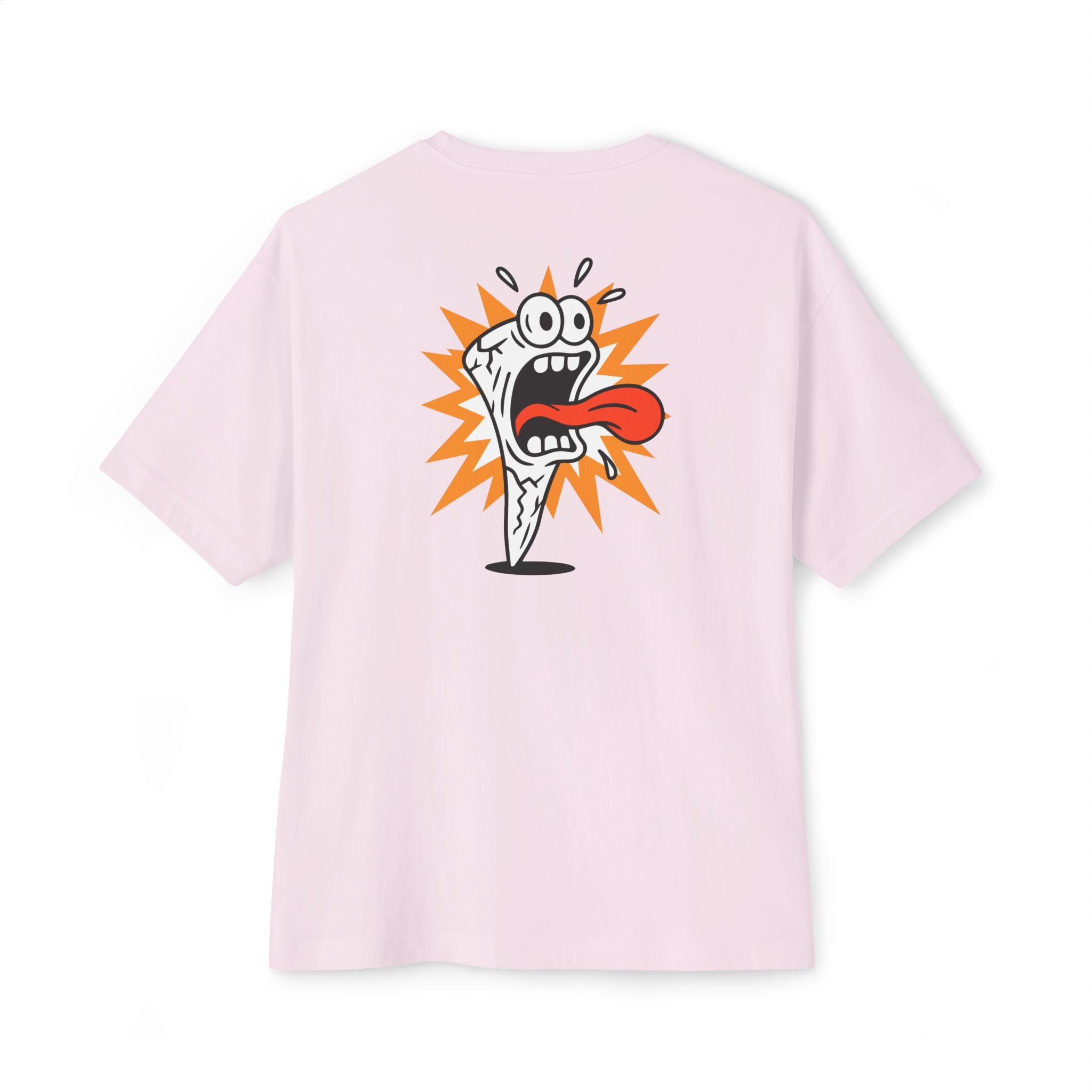 Pink t-shirt with a cartoon character on the back against a white background