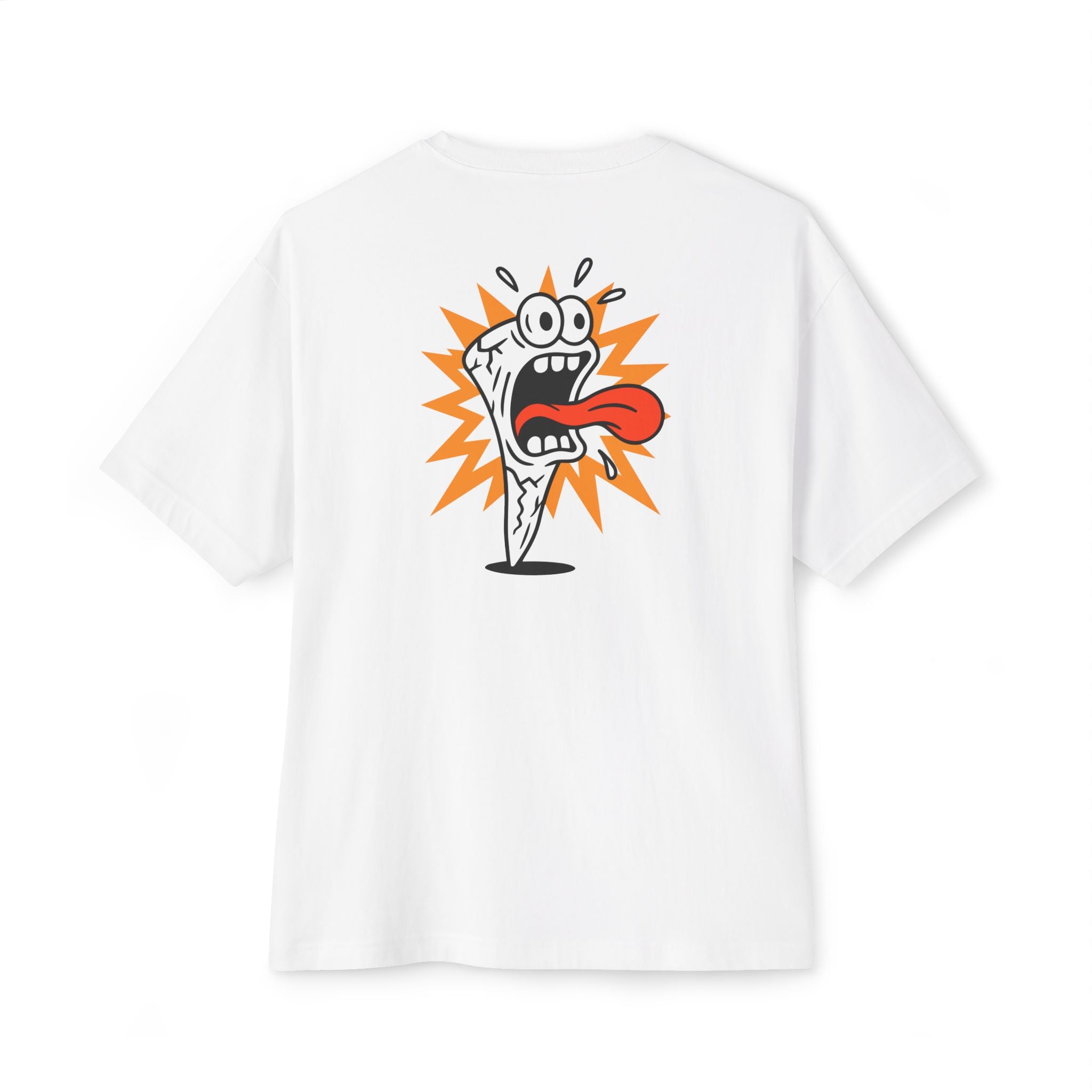 White t-shirt with a cartoon character design on the back against a white background