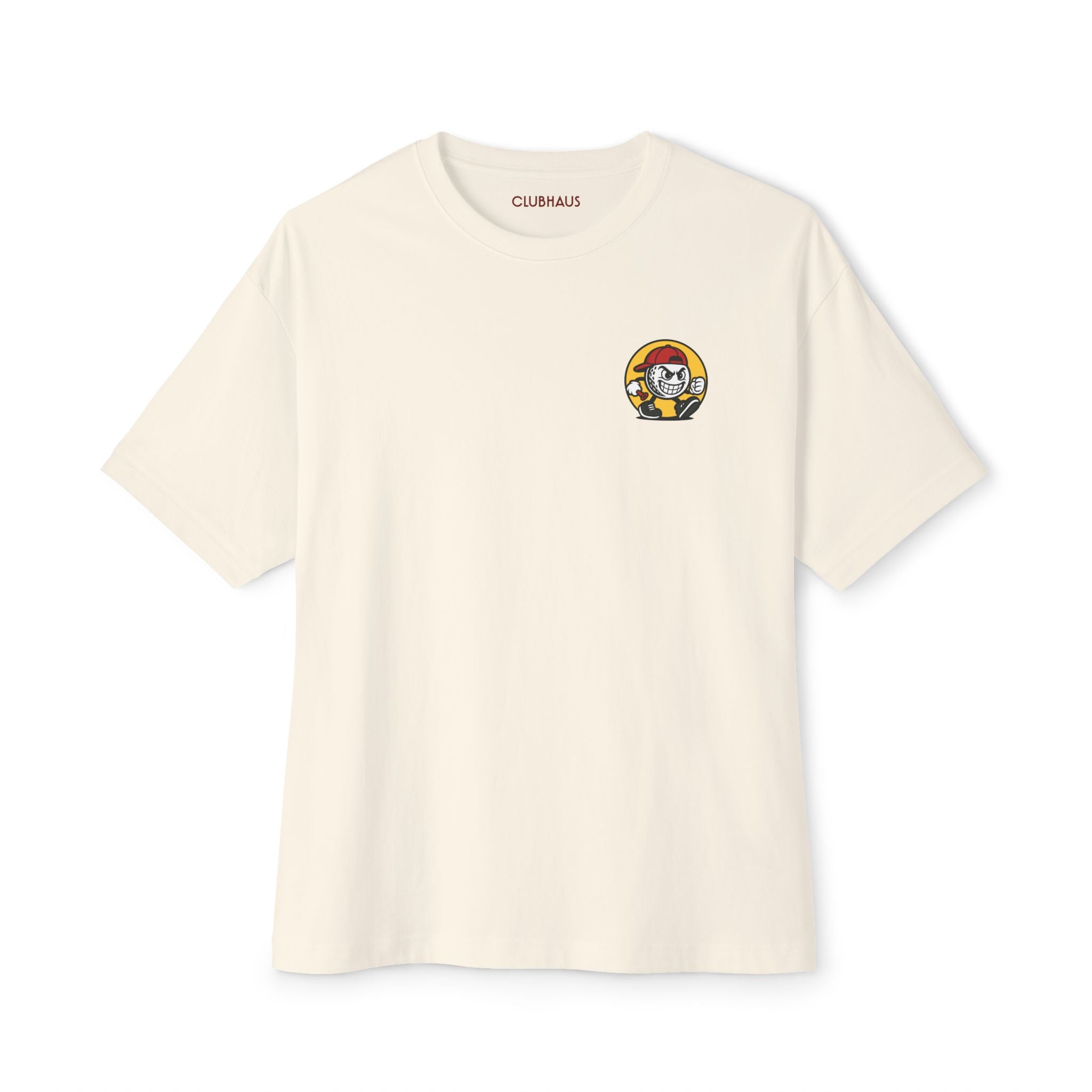 Beige t-shirt with a small logo on a white background