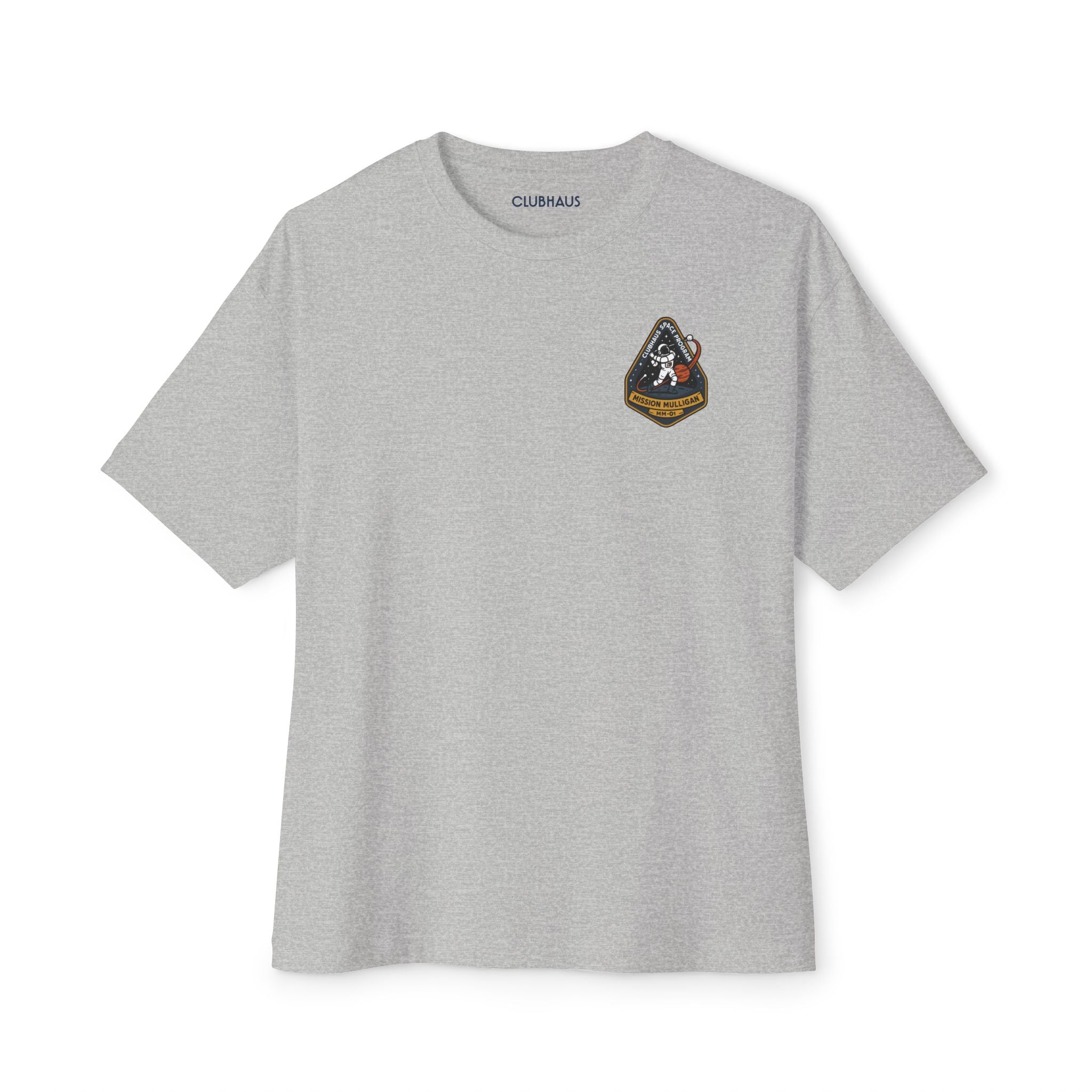 Gray t-shirt with a small logo on a white background