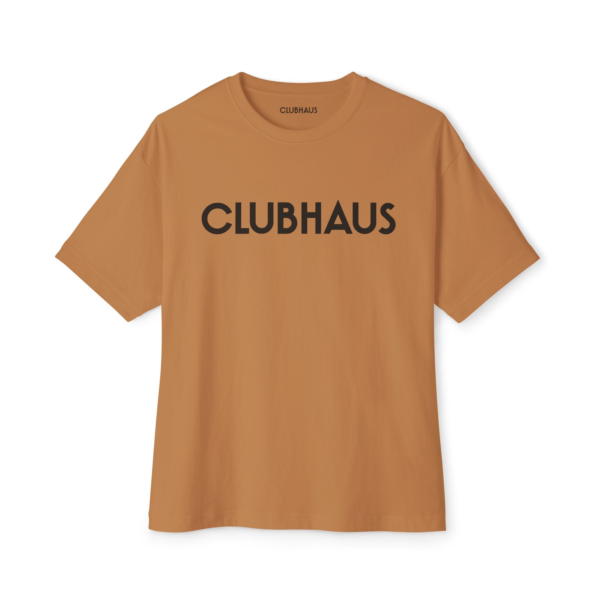 Brown t-shirt with 'CLUBHAUS' logo on a white background