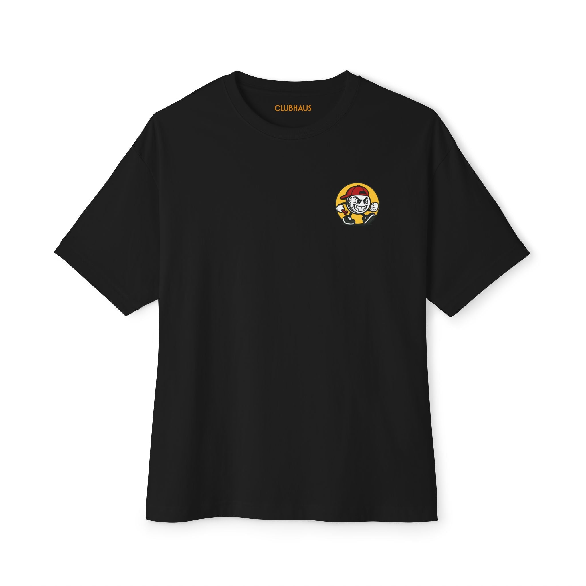 Black t-shirt with a small logo on the chest against a white background