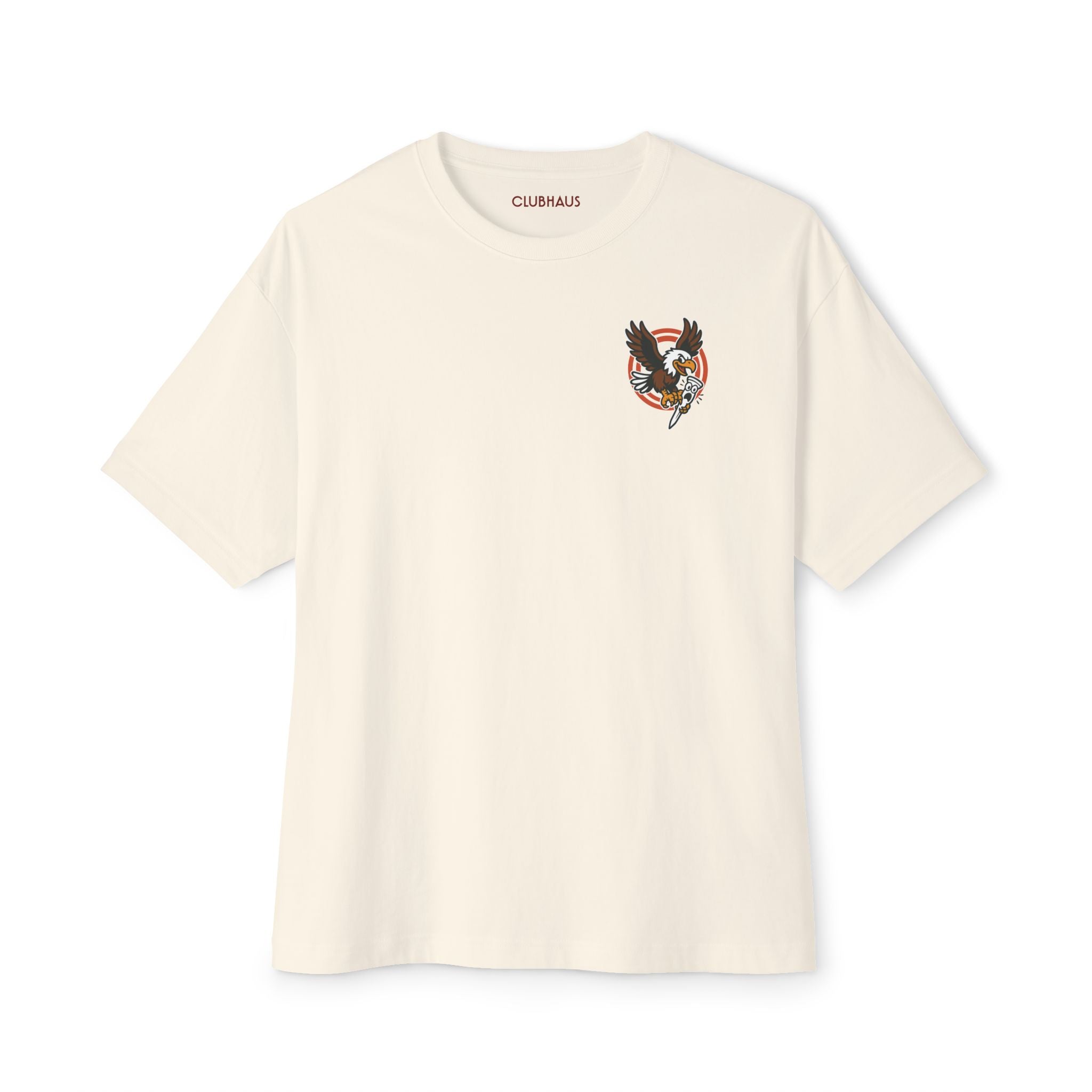 Beige t-shirt with a logo on the chest against a white background