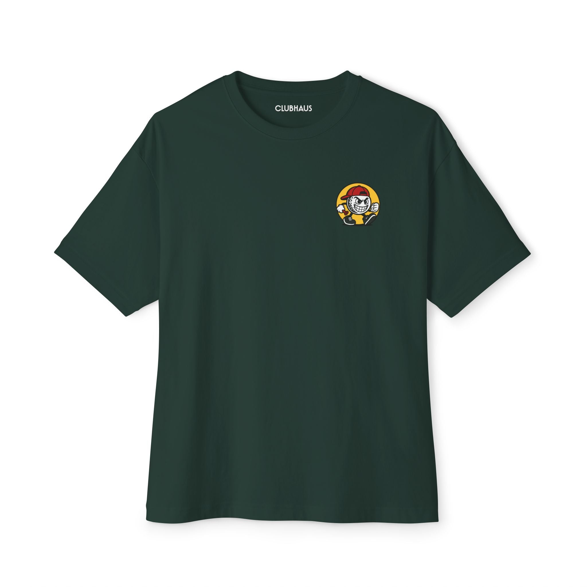 Dark green t-shirt with a small logo on the chest against a white background