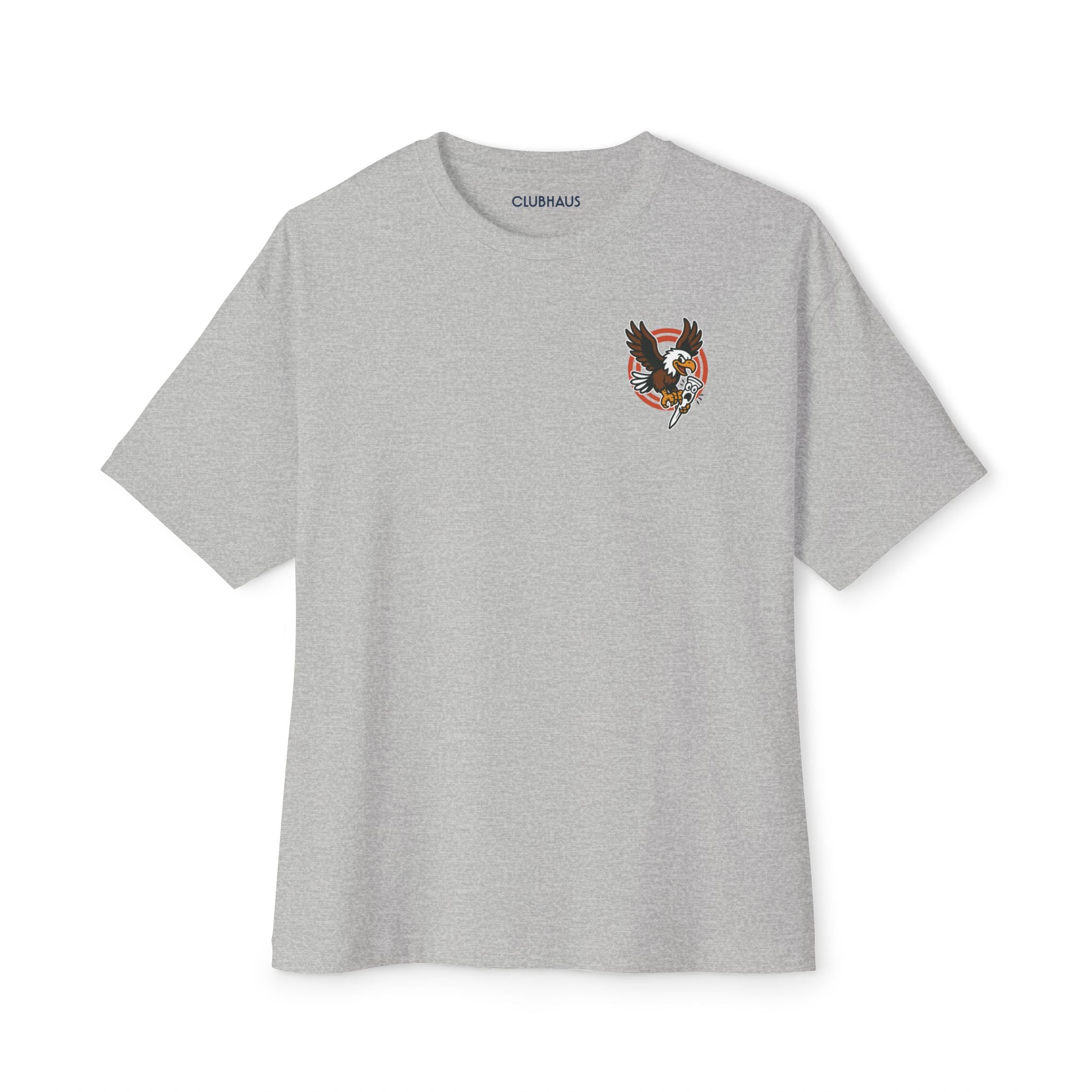 Gray t-shirt with a logo on the chest against a white background