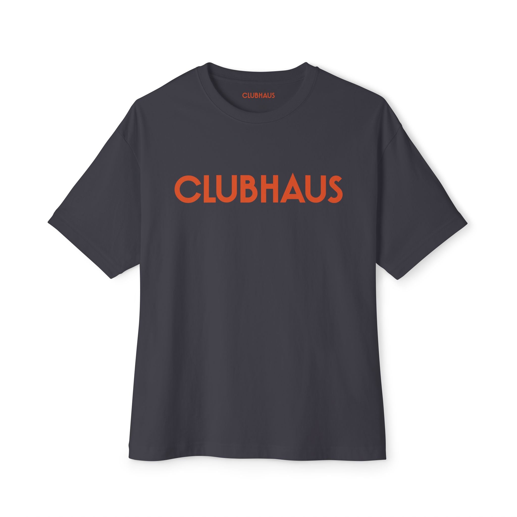 Black t-shirt with 'CLUBHAUS' printed in orange on a white background