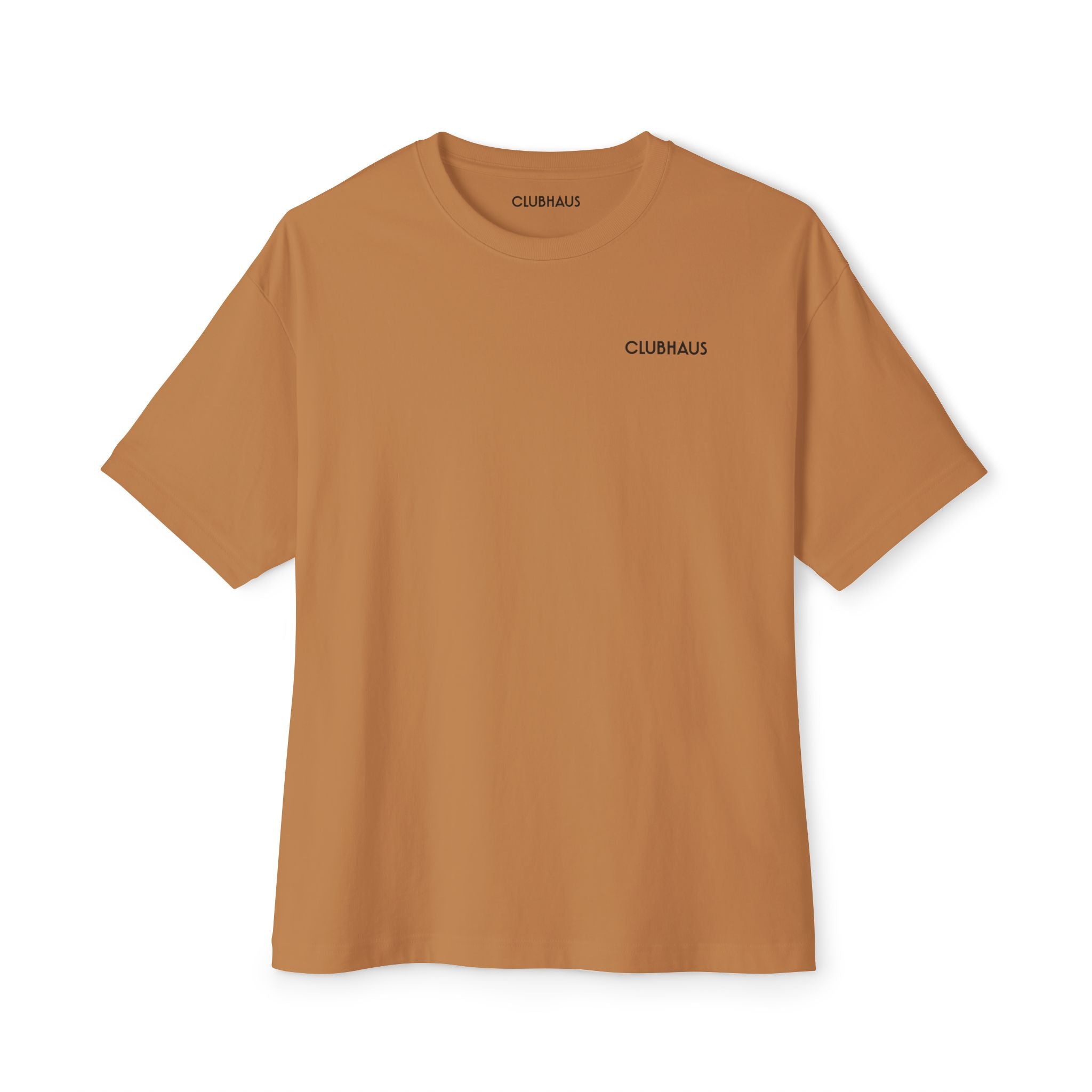 Brown t-shirt with 'CLUBHAUS' logo on a white background