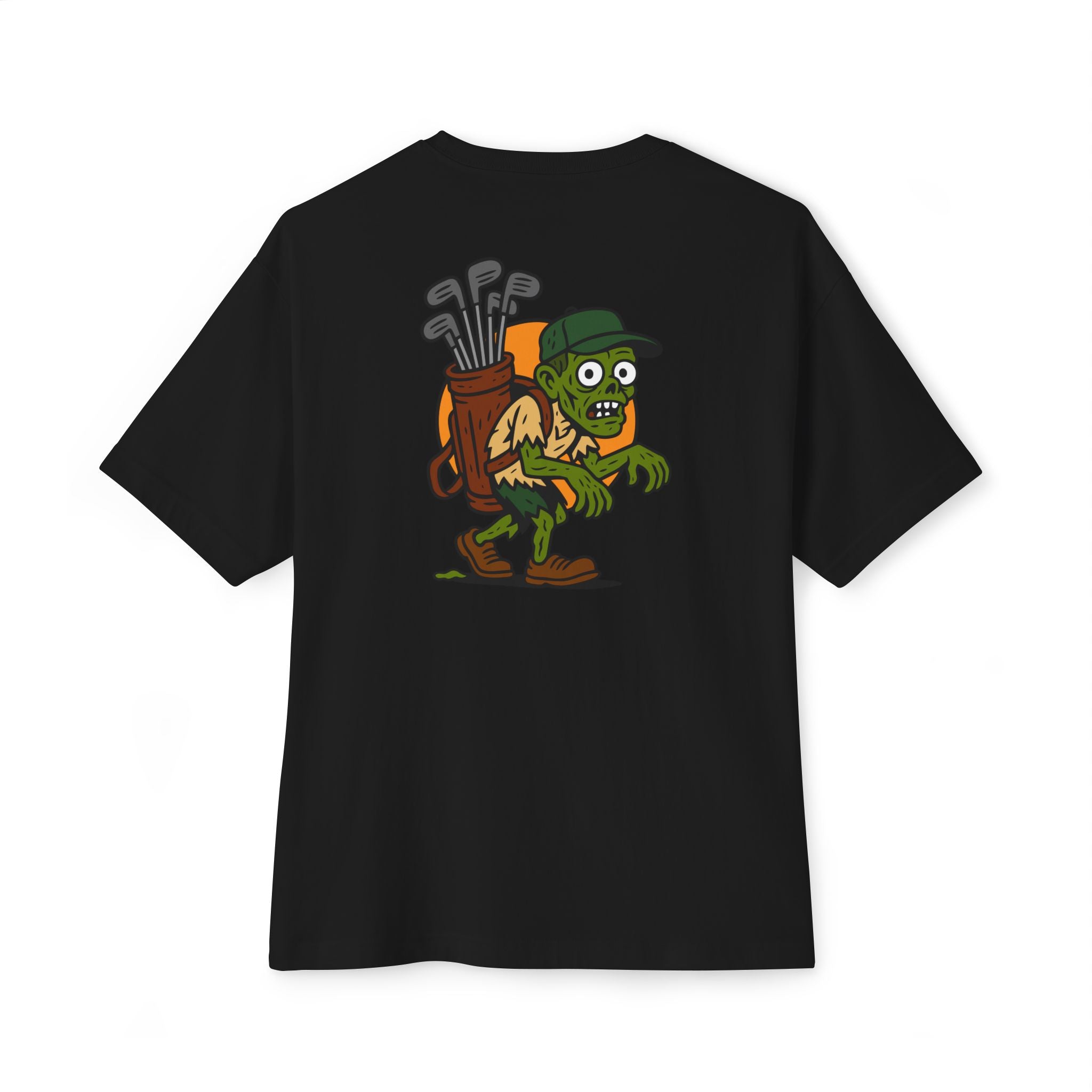 Black t-shirt with a cartoon character and golf clubs on the back, on a white background
