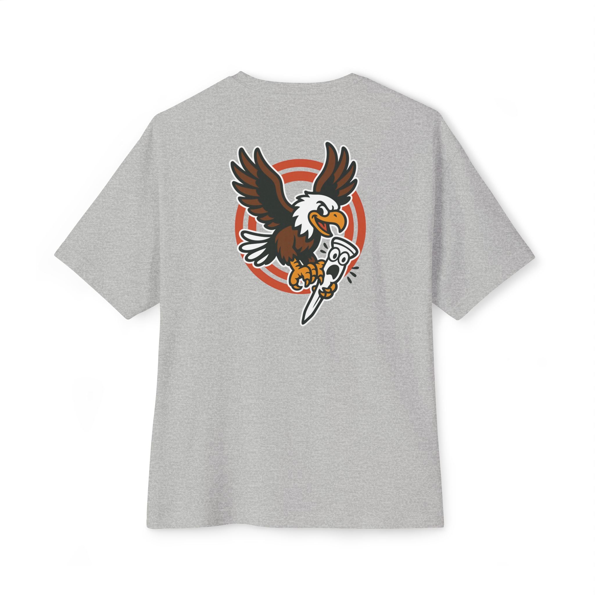 Gray t-shirt with an eagle graphic on the back against a white background
