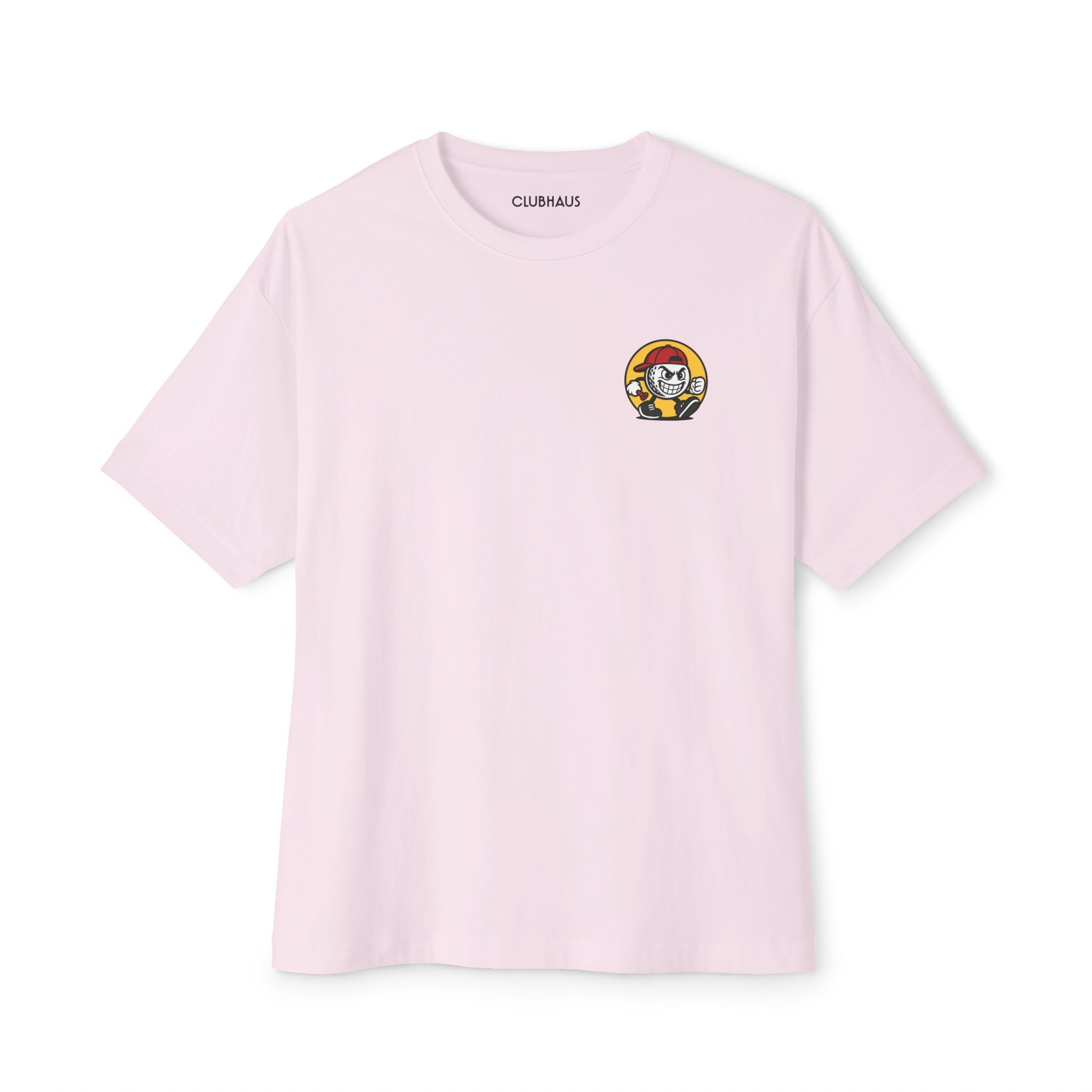 Pink t-shirt with a small logo on a white background