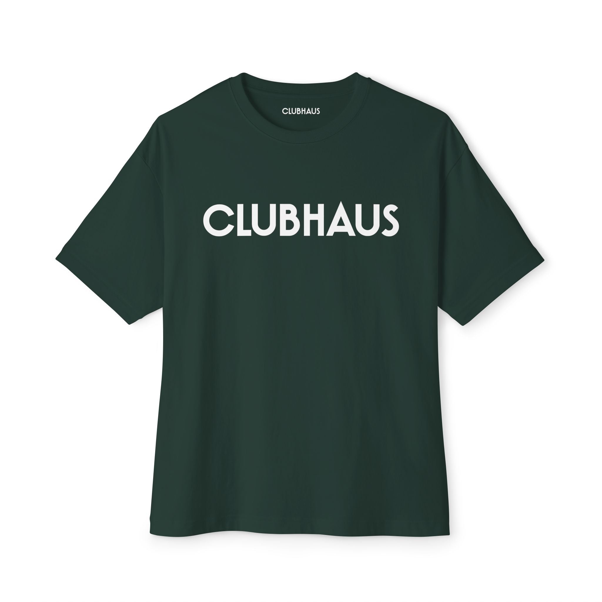Green t-shirt with 'CLUBHAUS' logo on a white background