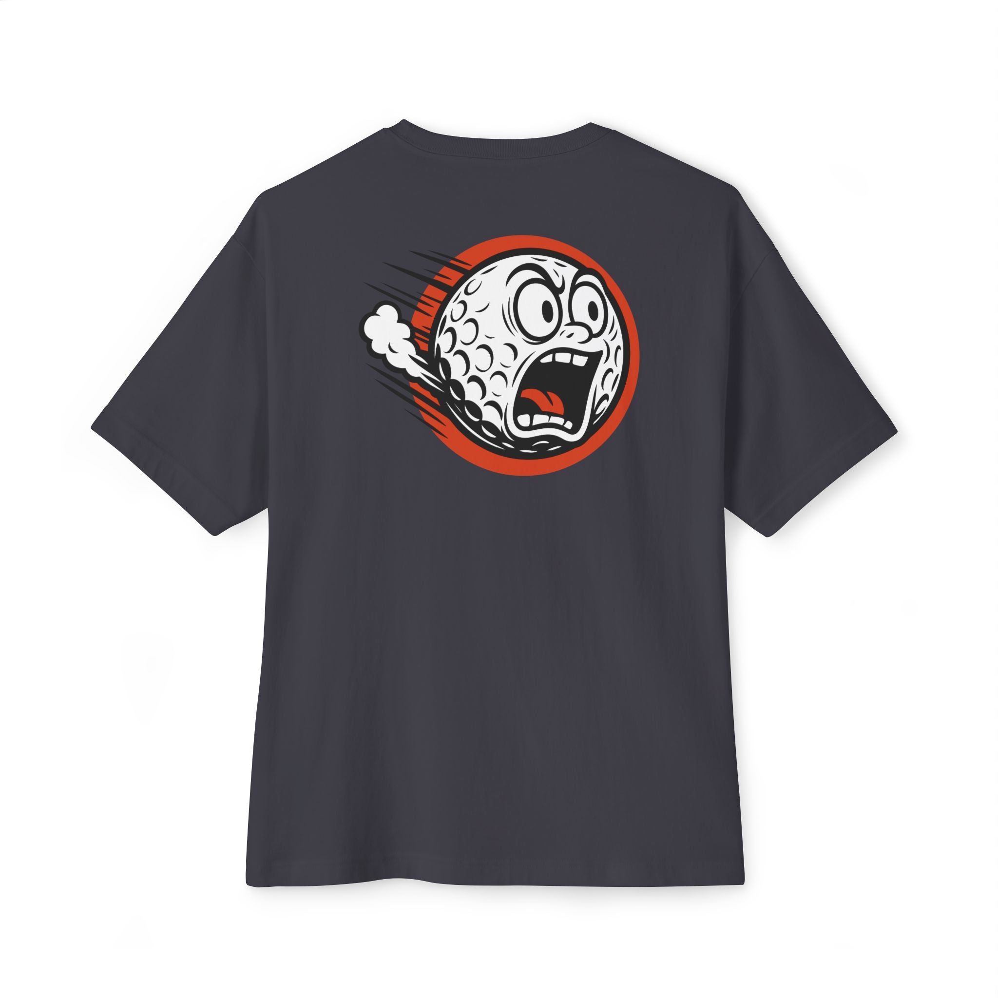 Black t-shirt with a graphic design on the back against a white background