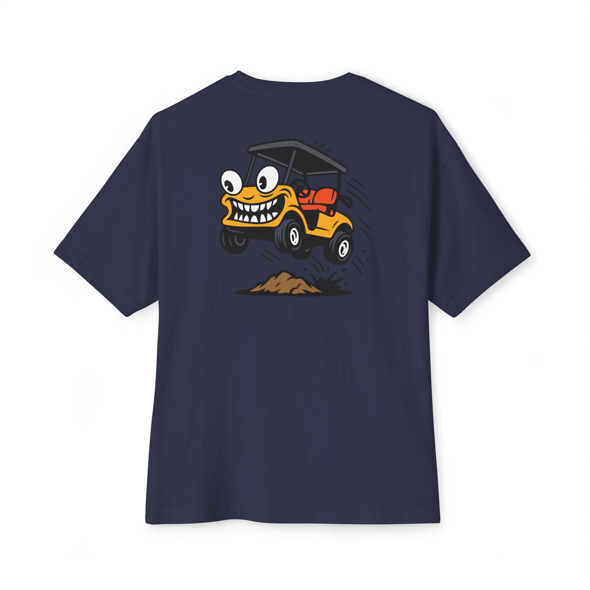 Navy blue t-shirt with a cartoon golf cart graphic on the back against a white background