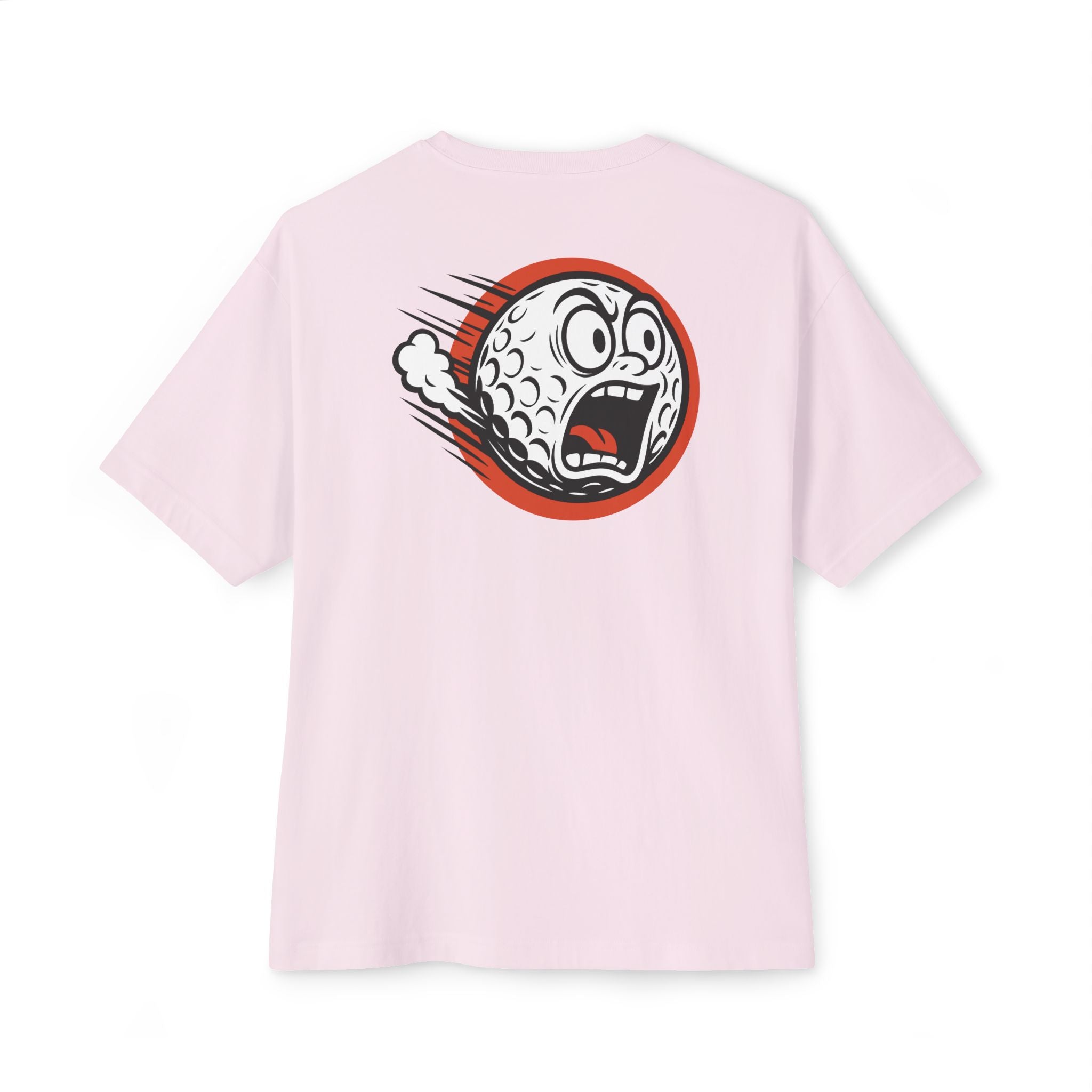 Pink t-shirt with a graphic design on the back against a white background