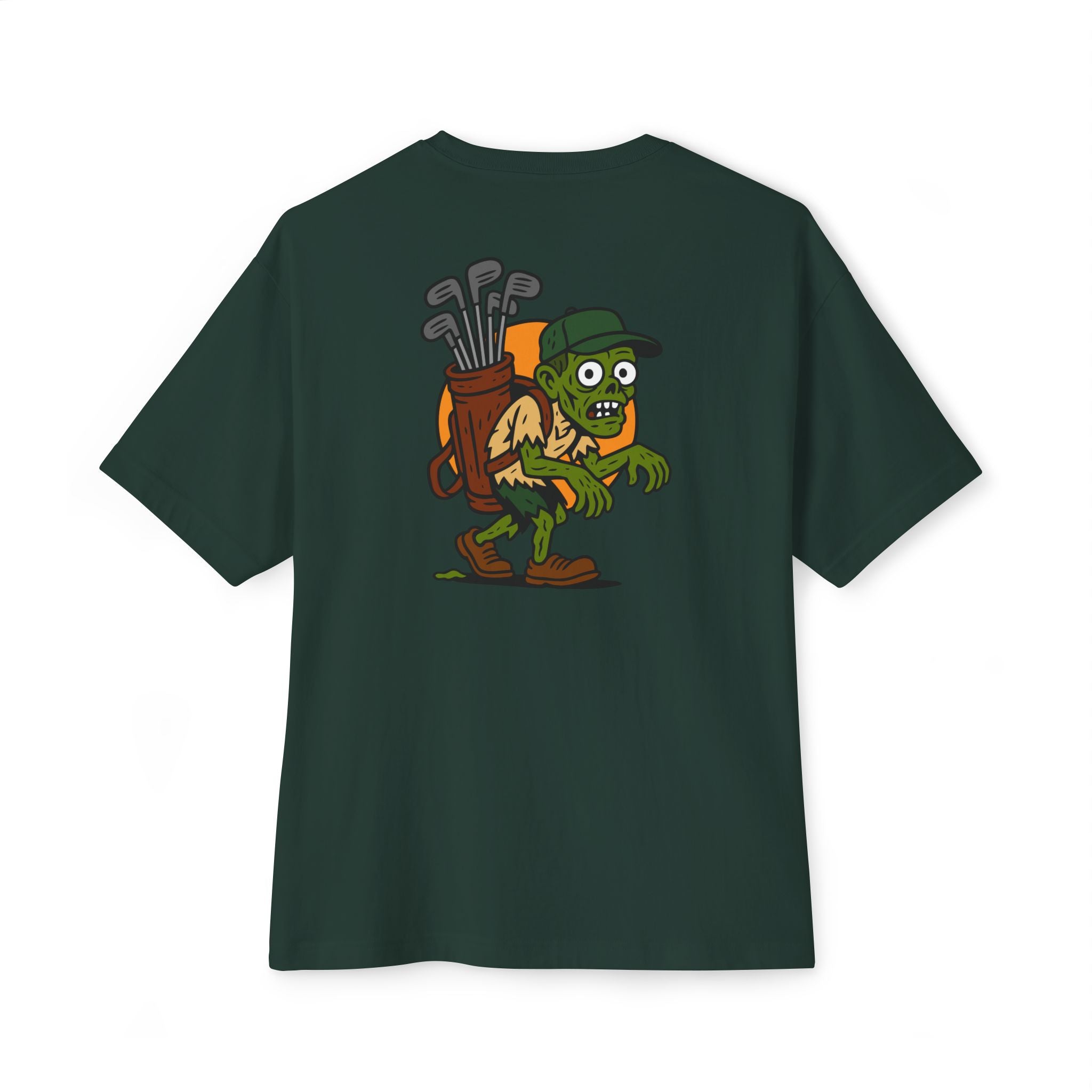 Green t-shirt with a cartoon character and golf clubs on the back against a white background
