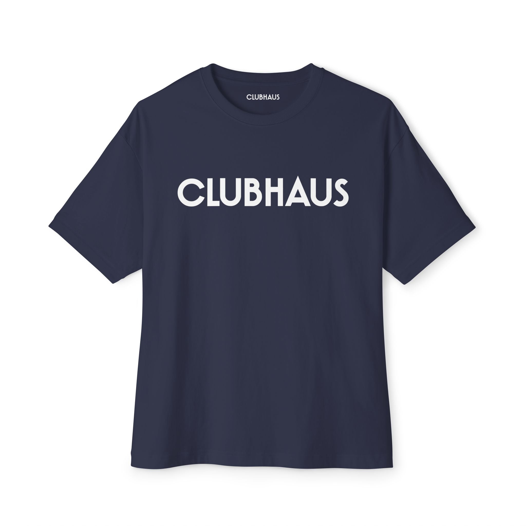 Navy blue t-shirt with 'CLUBHAUS' logo on a white background
