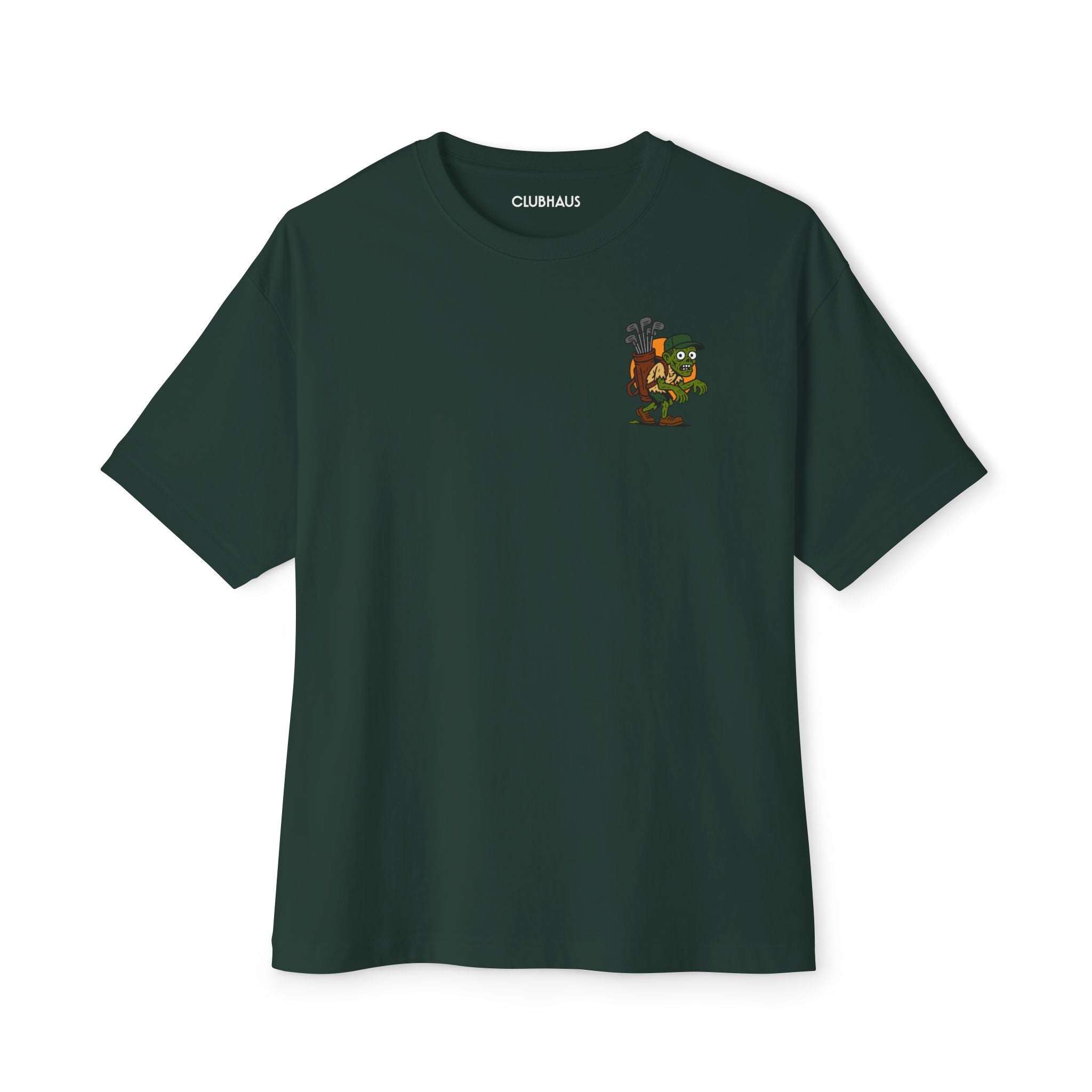 Green t-shirt with a small logo on the chest against a white background