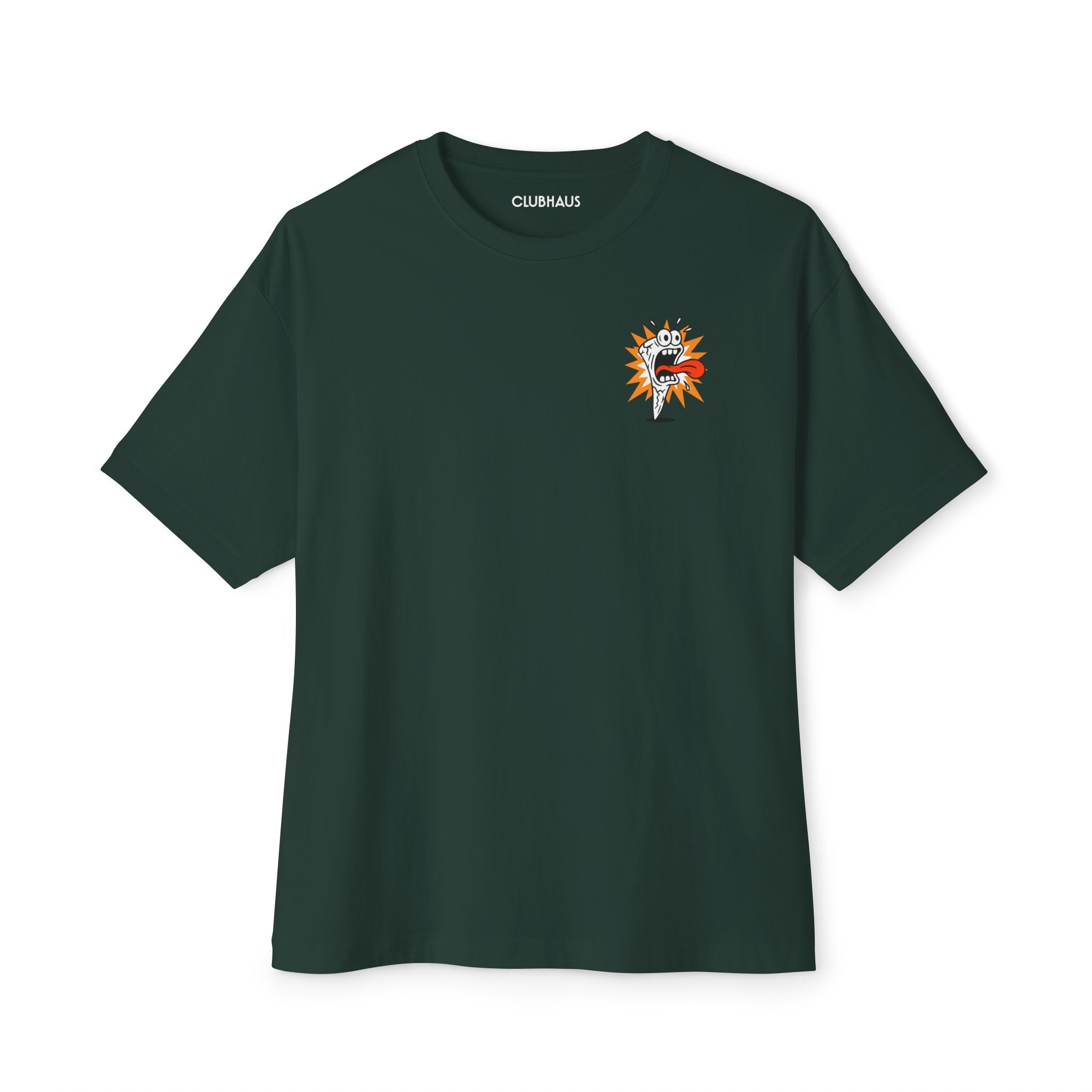 Dark green t-shirt with a small graphic on the chest against a white background