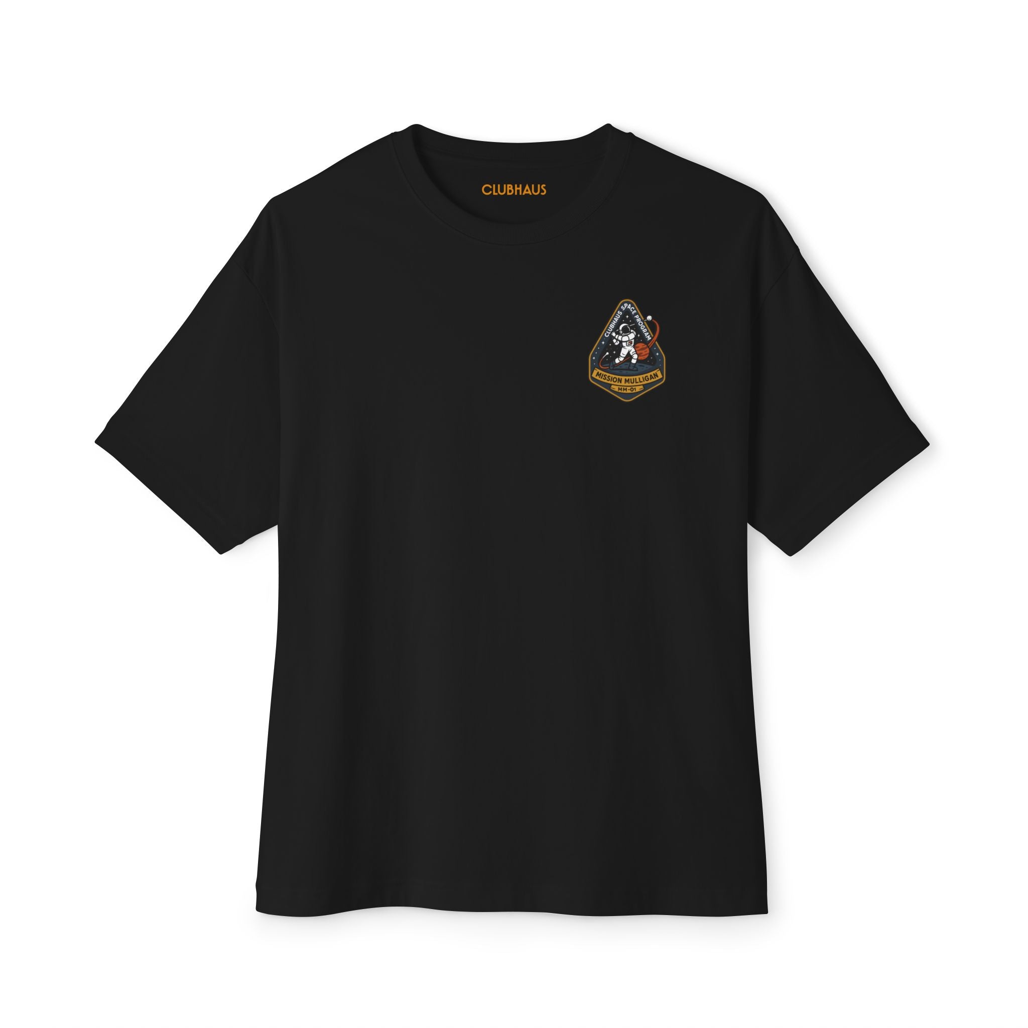 Black t-shirt with a small logo on the chest against a white background
