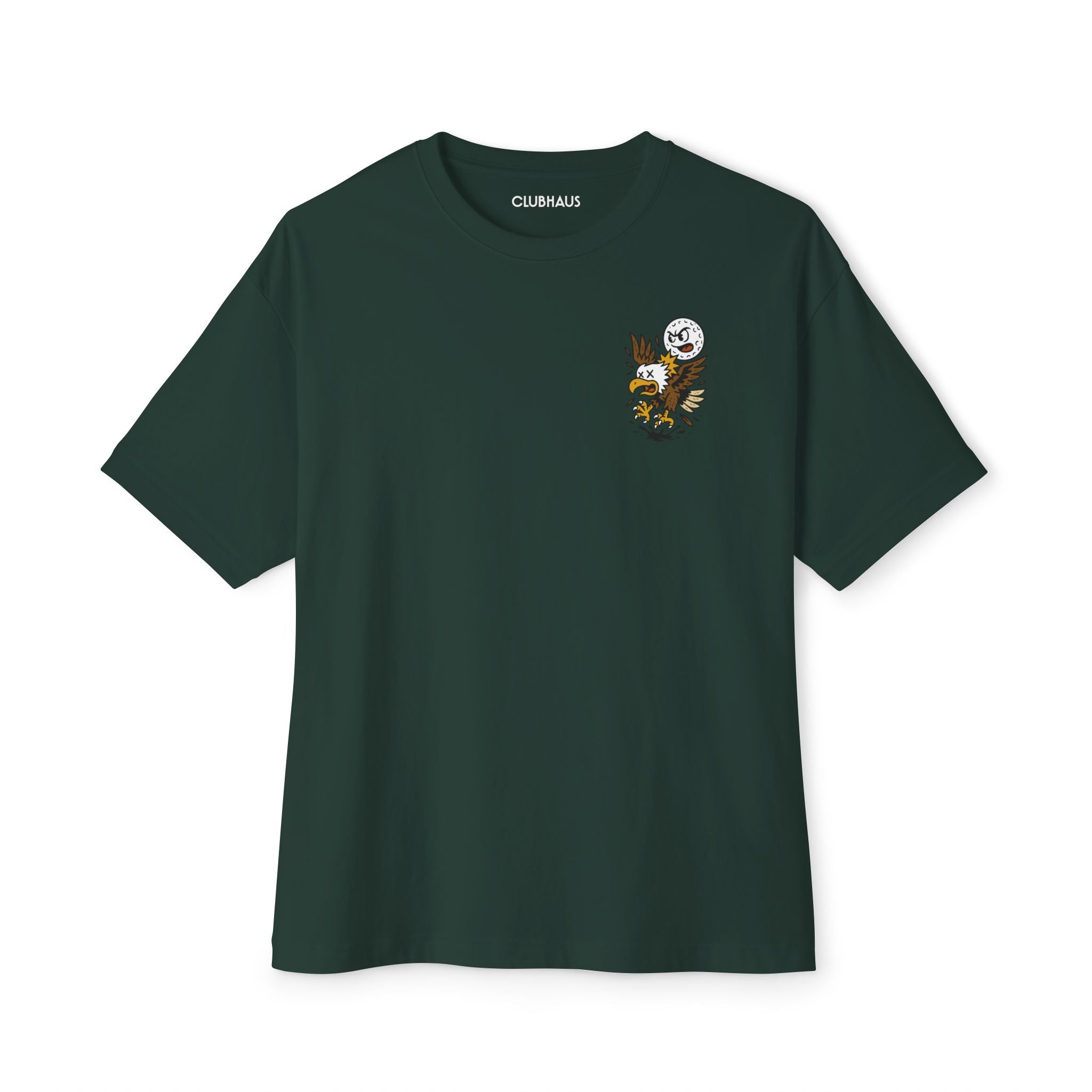 Green t-shirt with a small embroidered design on a white background