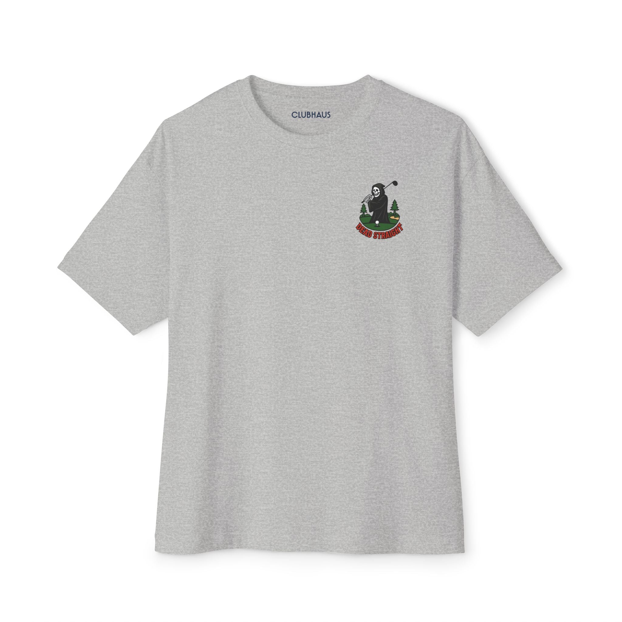 Gray t-shirt with a logo on the chest against a white background