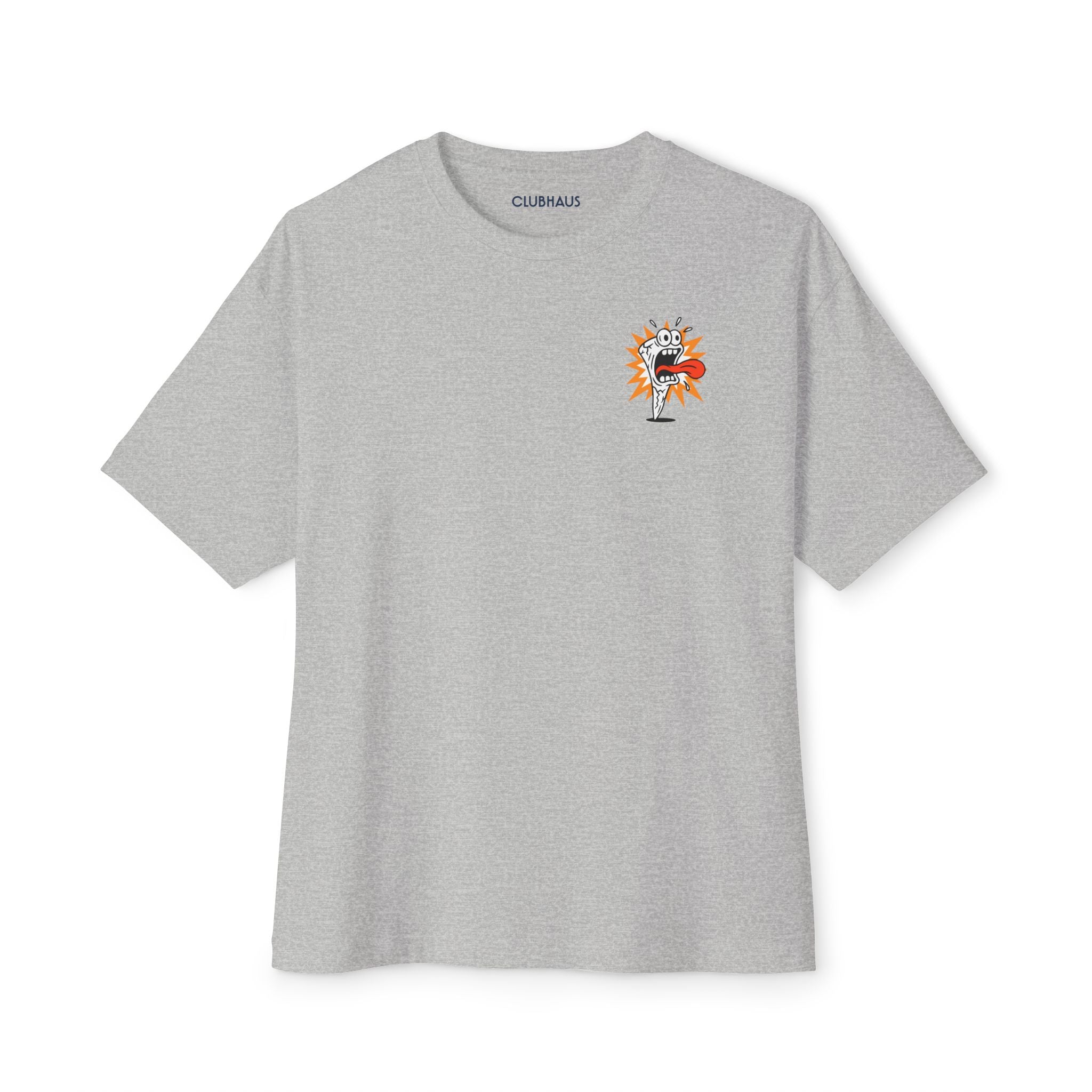 Gray t-shirt with a small graphic on the chest against a white background