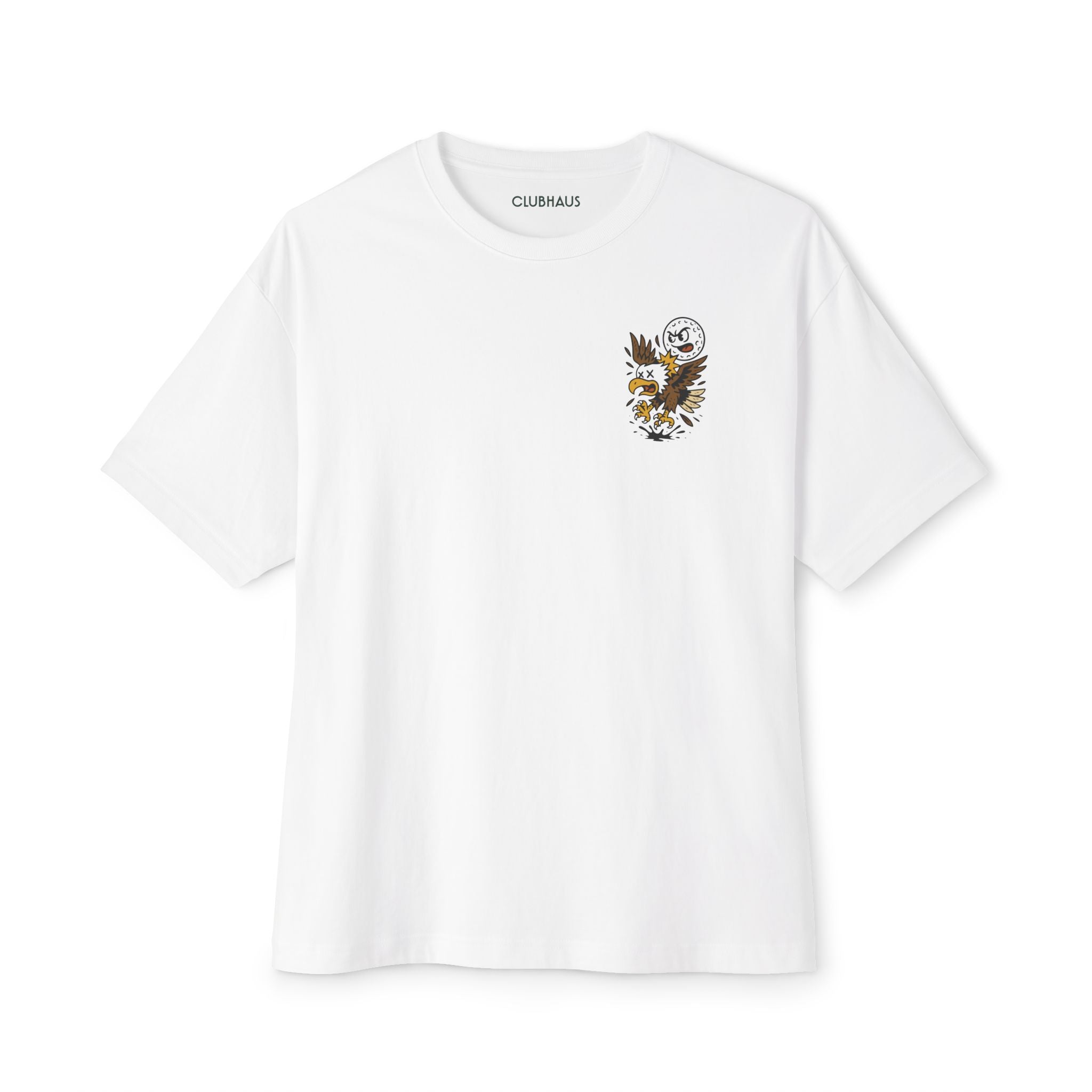 White t-shirt with a logo on the chest against a white background