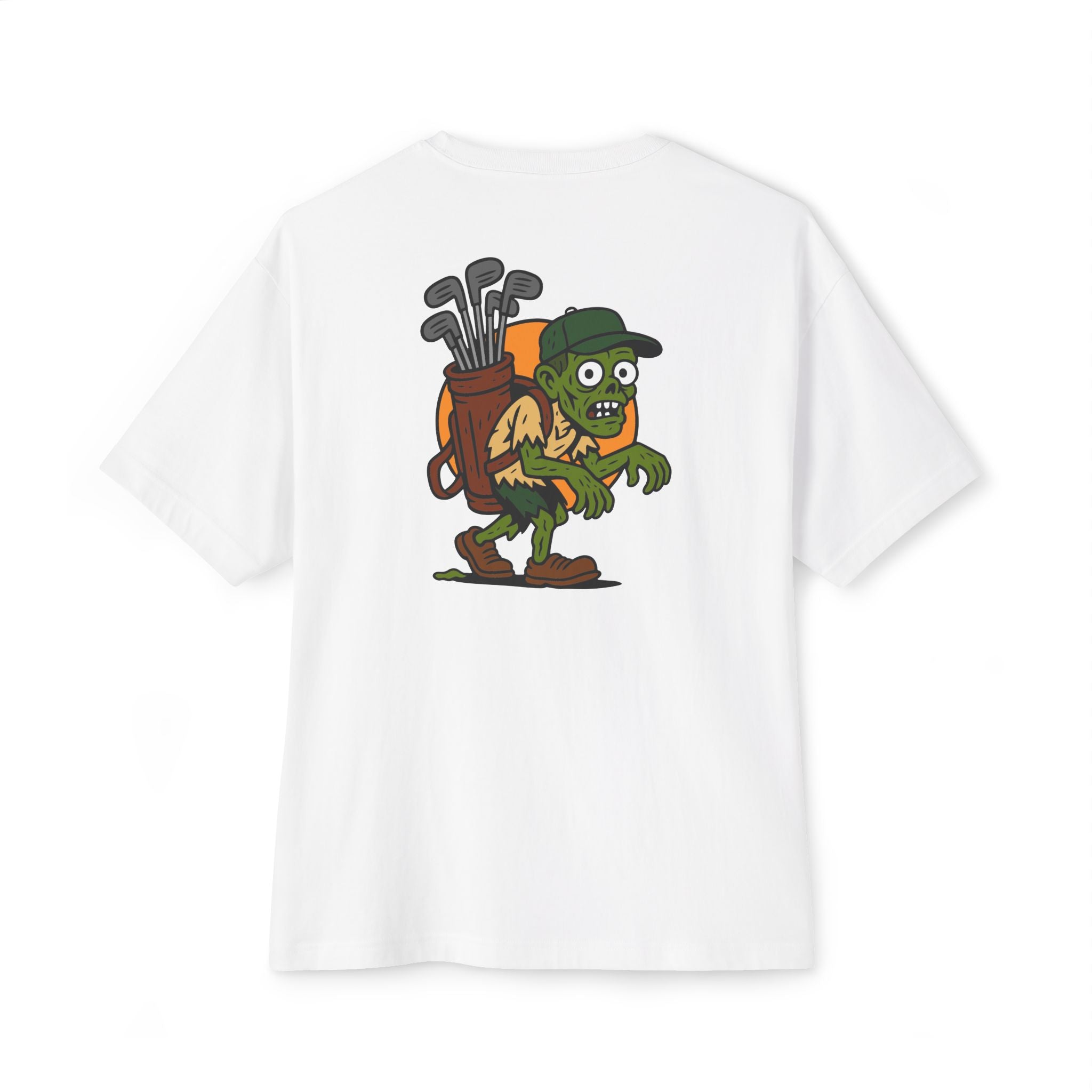 White t-shirt with a cartoon character holding golf clubs on the back against a white background