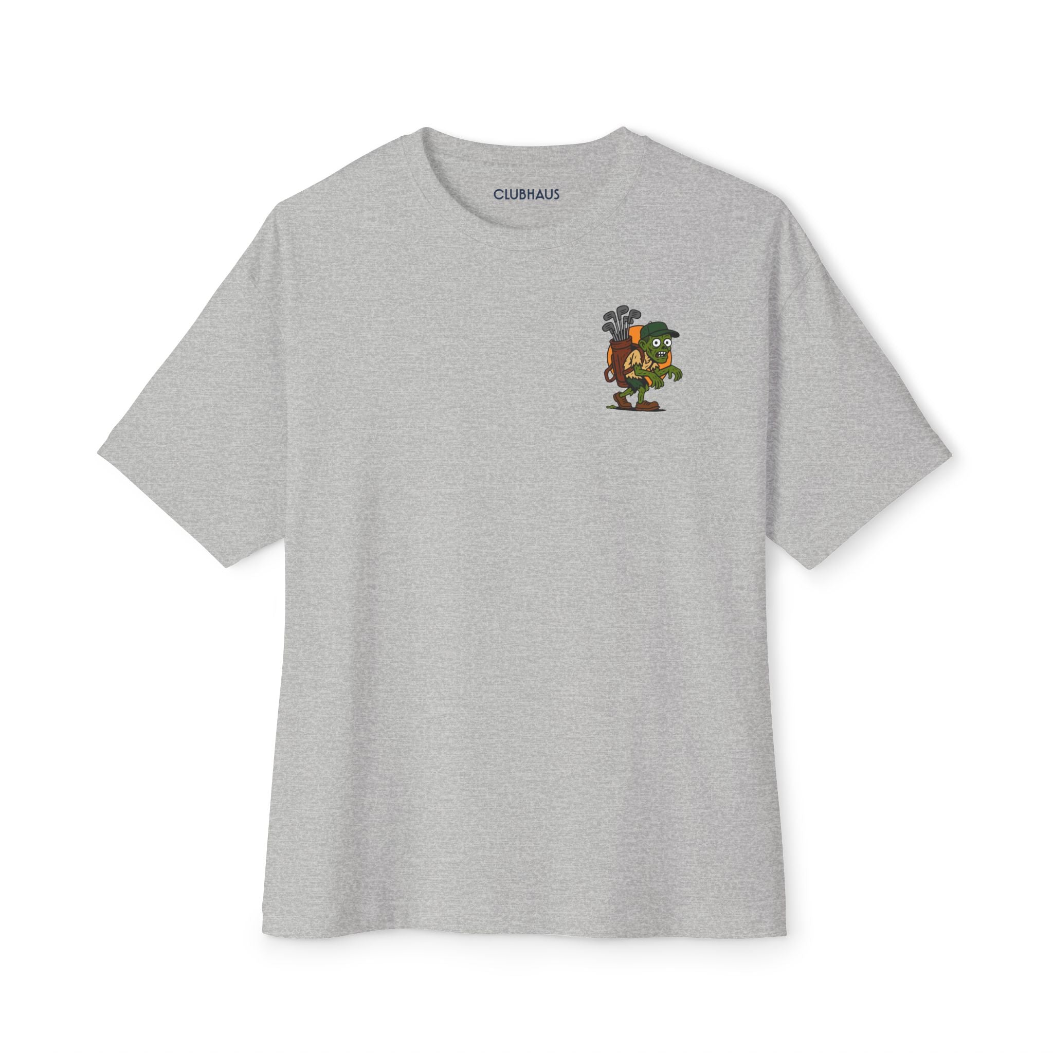 Gray t-shirt with a small graphic on the chest against a white background