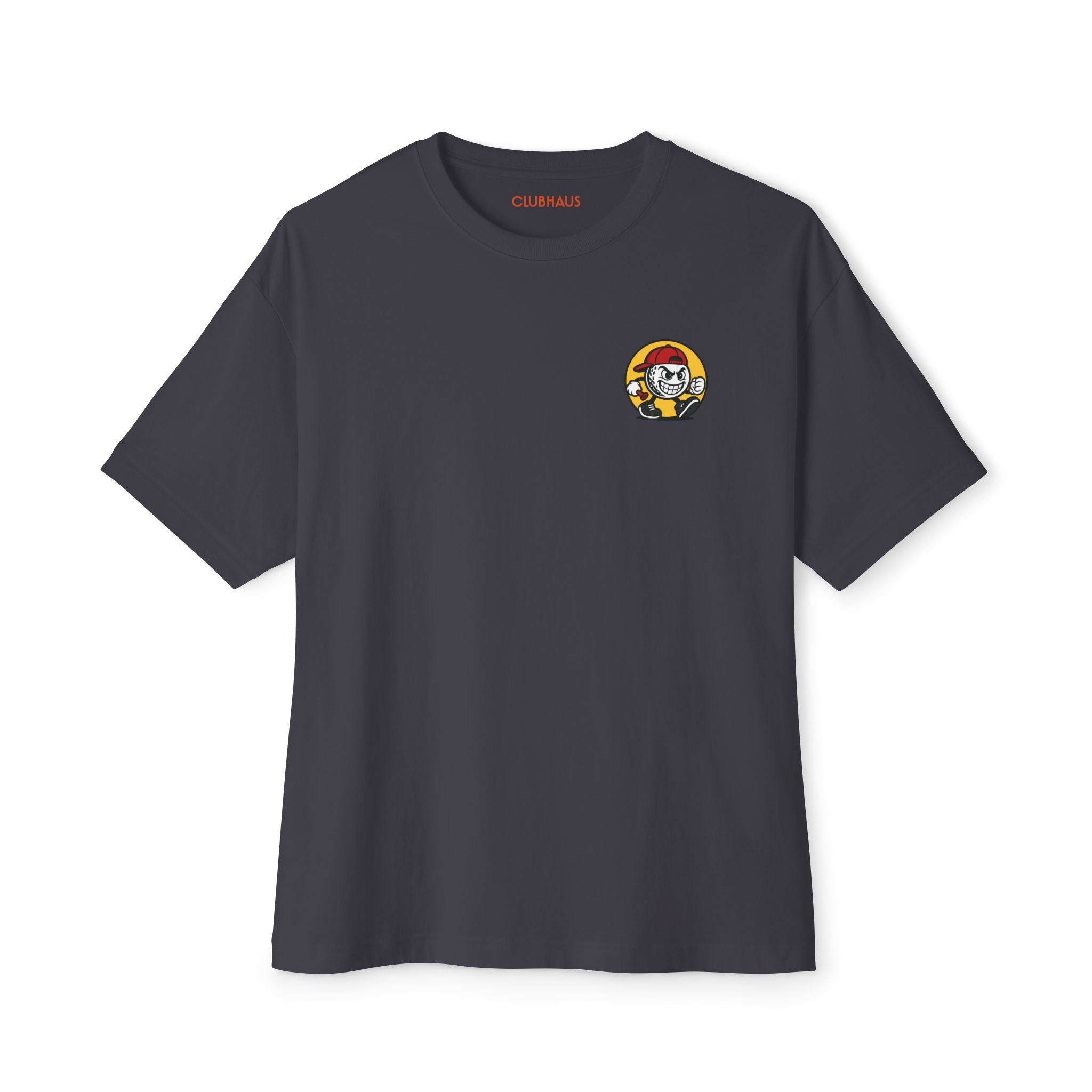 Dark gray t-shirt with a small logo on the chest against a white background
