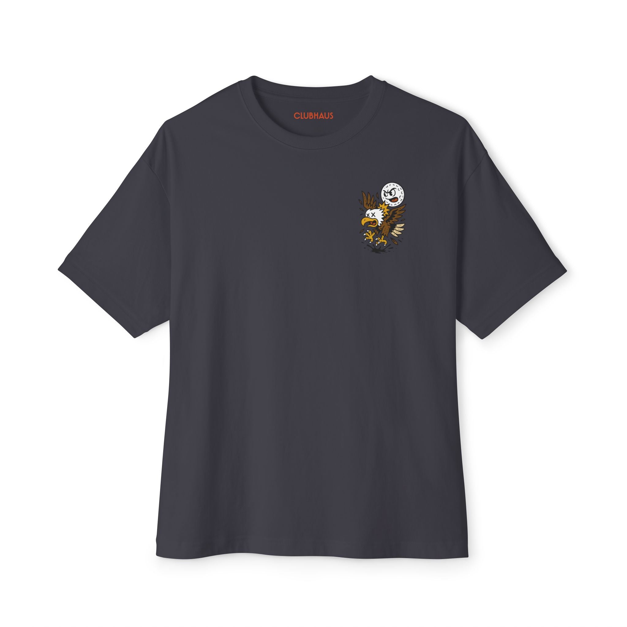 Dark gray t-shirt with a small graphic on the chest against a white background